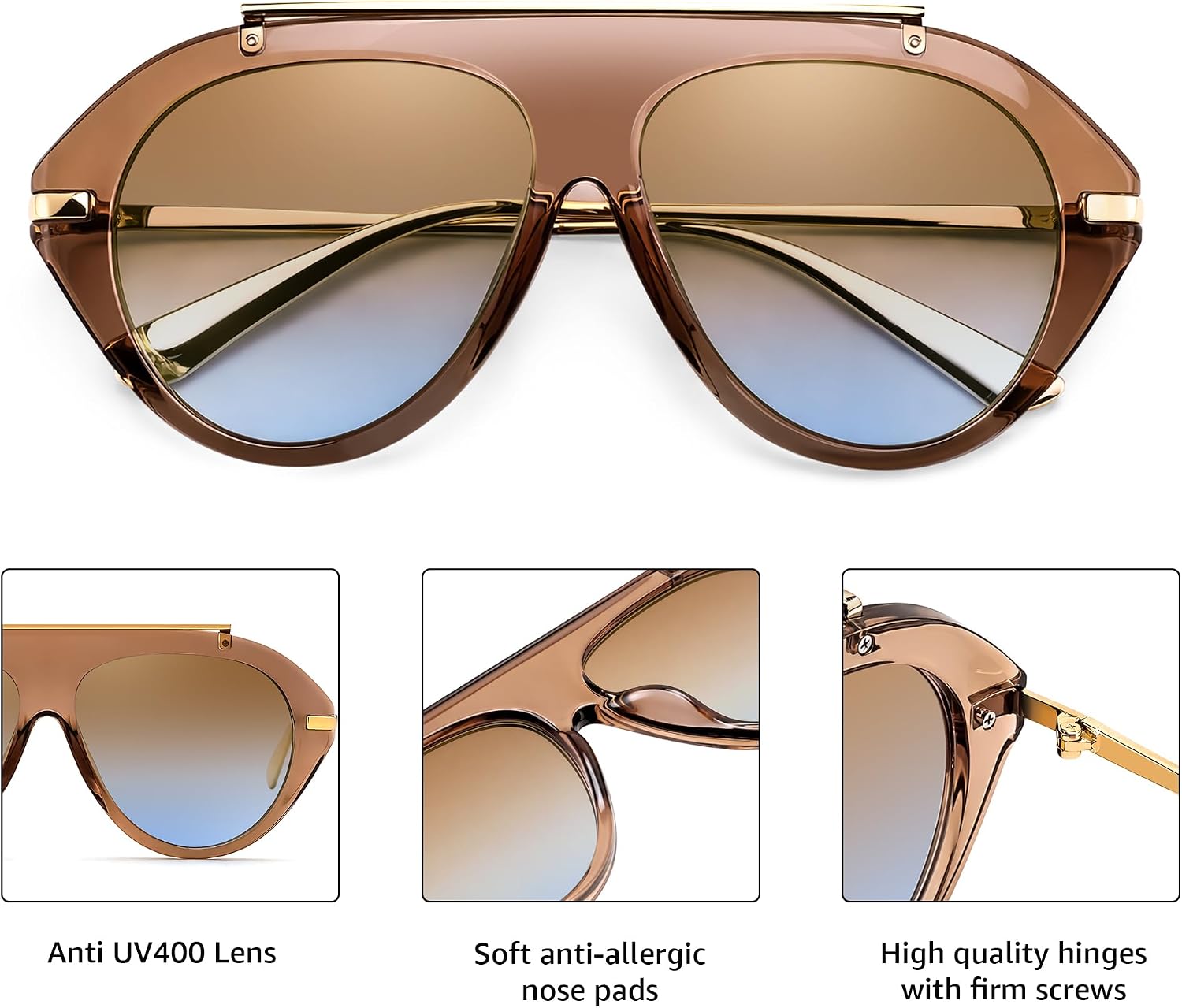 FEISEDY Retro Aviator Sunglasses for Women Men Trendy Oversized 70s Vintage Metal Sun Glasses B0408