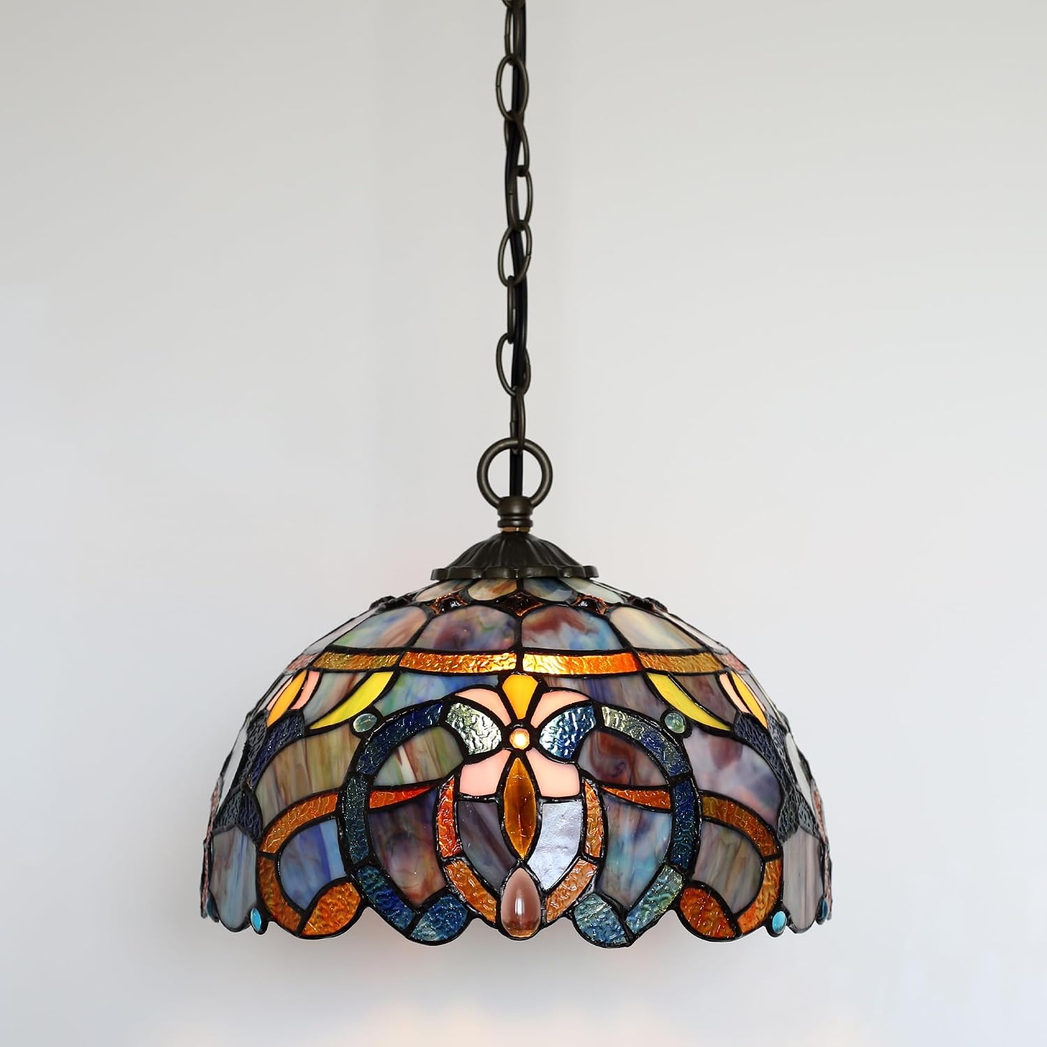 Tiffany Pendant Light Plug-in Stained Glass Hanging Lamp 12”x12”x181” Blue Baroque Swag Light Decorative Vintage Lighting for Dining Room Living Room Kitchen Hallway Bedroom