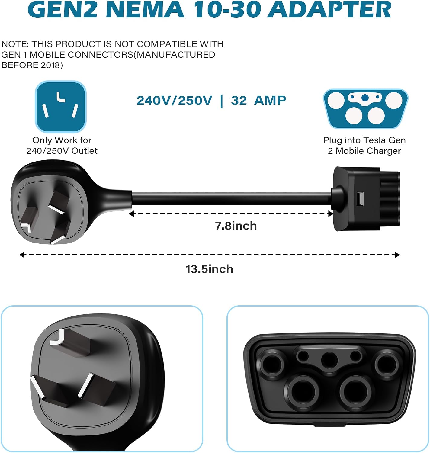 HiFind NEMA 10-30 Adapter for Tesla Gen 2 Mobile Charger 1 Ft, Connect Tesla Portable Charger to 10-30 Plug 240/250V Outlet 32 Amp Fast Charging for EV, Model S/3/X/Y, Safe & Durable, ETL, Black