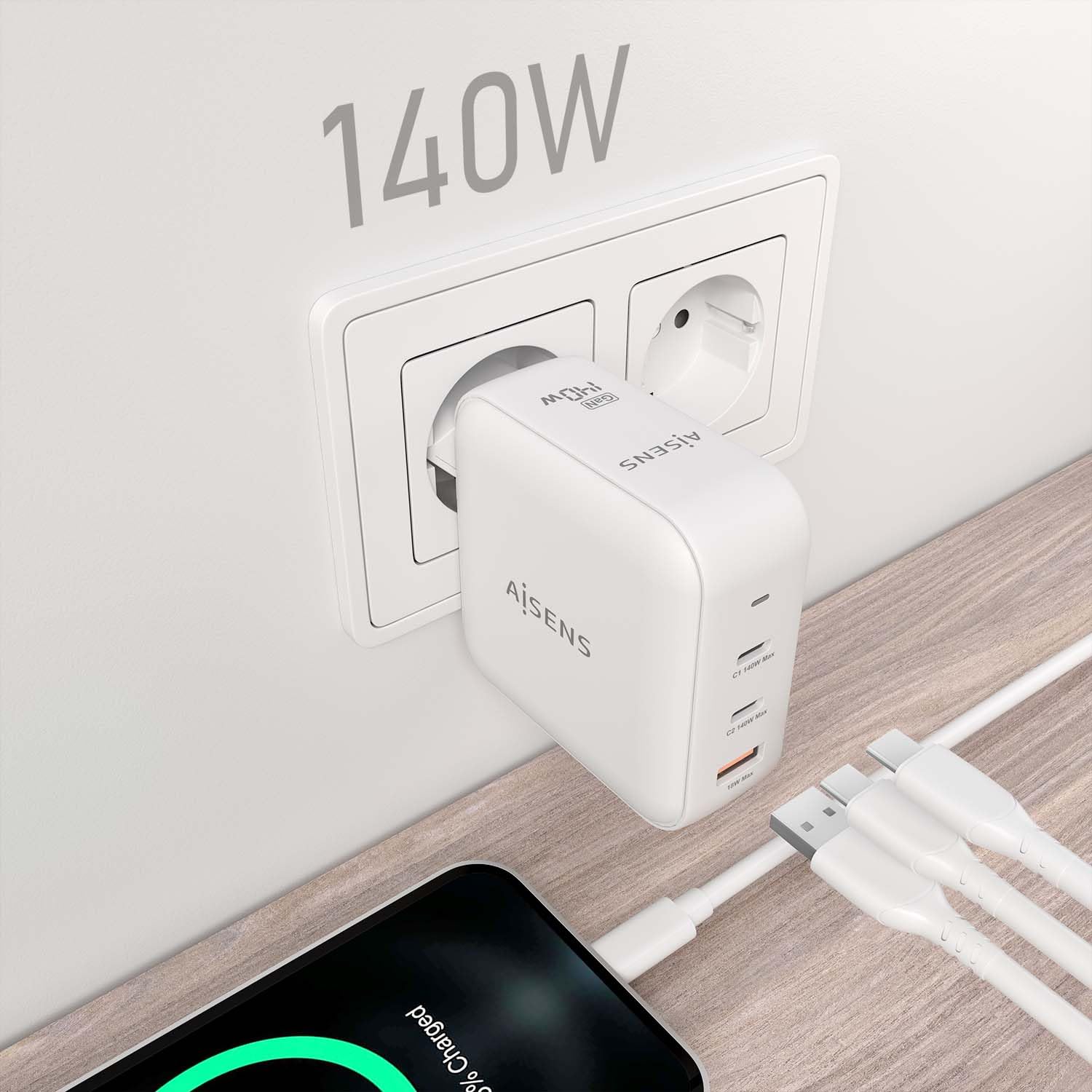 AISENS - ASCH-140W3P030-W - Caricabatterie GAN 140W, 2XUSB-C PD3.1 QC4.0, 1XUSB-A QC3.0, bianco