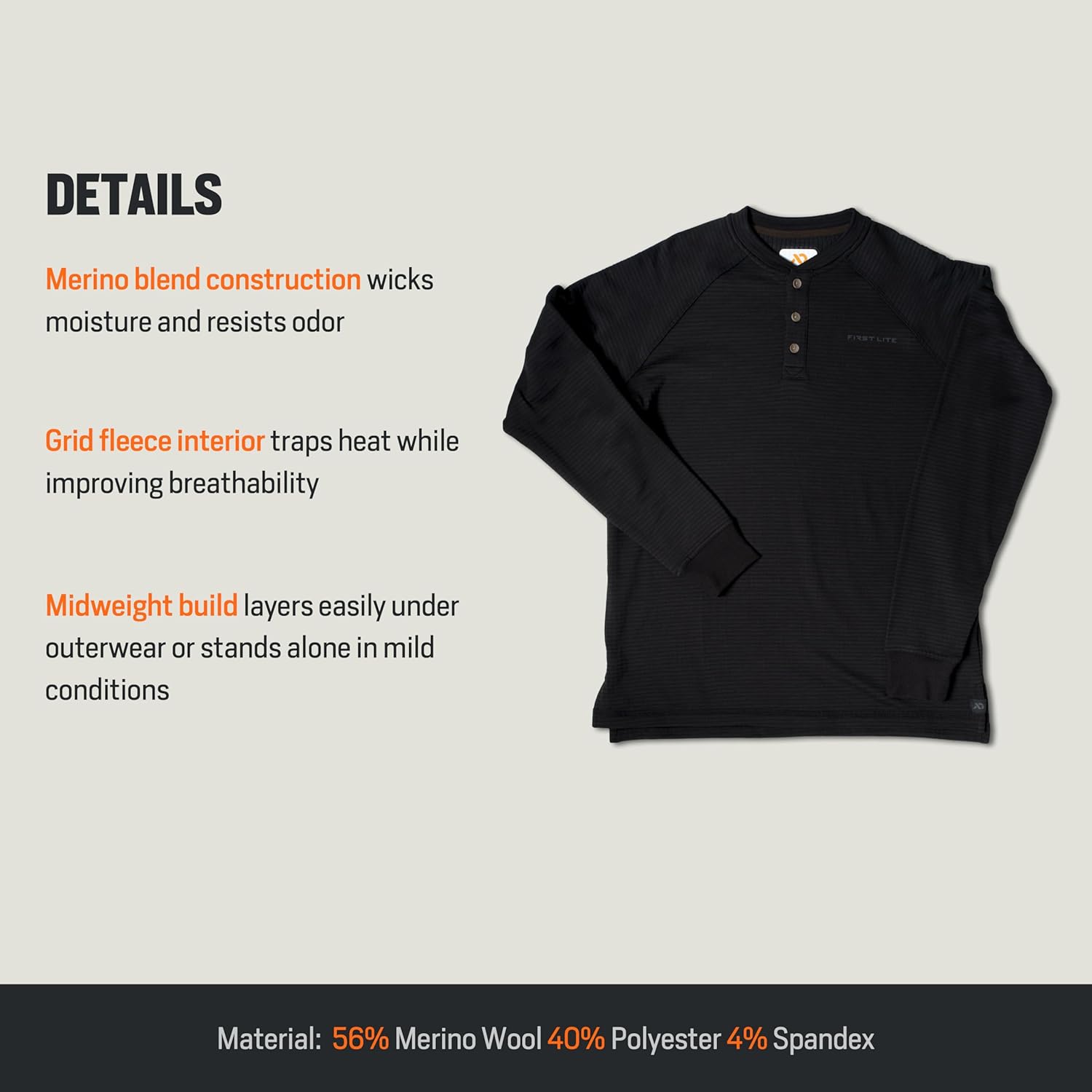 First Lite ThermaGrid Merino Henley - Merino Wool Grid Fleece Hunting Midlayer for Year-Round Performance