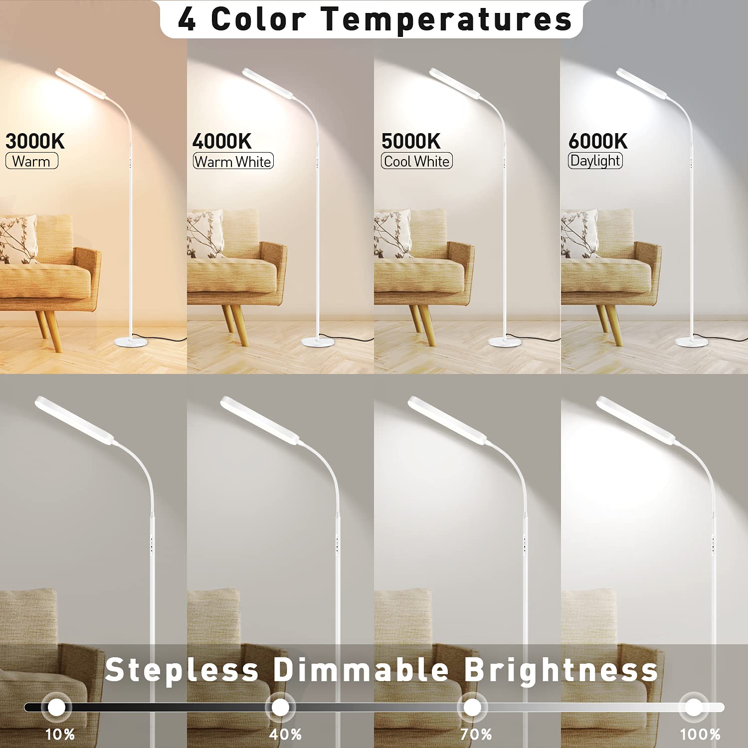 OUTON Lampada da Terra LED Dimmerabile, 12 W/1200 LM, Moderna | Lampada da Lettura Regolabile con 4 Temperature di Colore, Telecomando e Controllo Touch, illuminazione per Soggiorno, Bianco