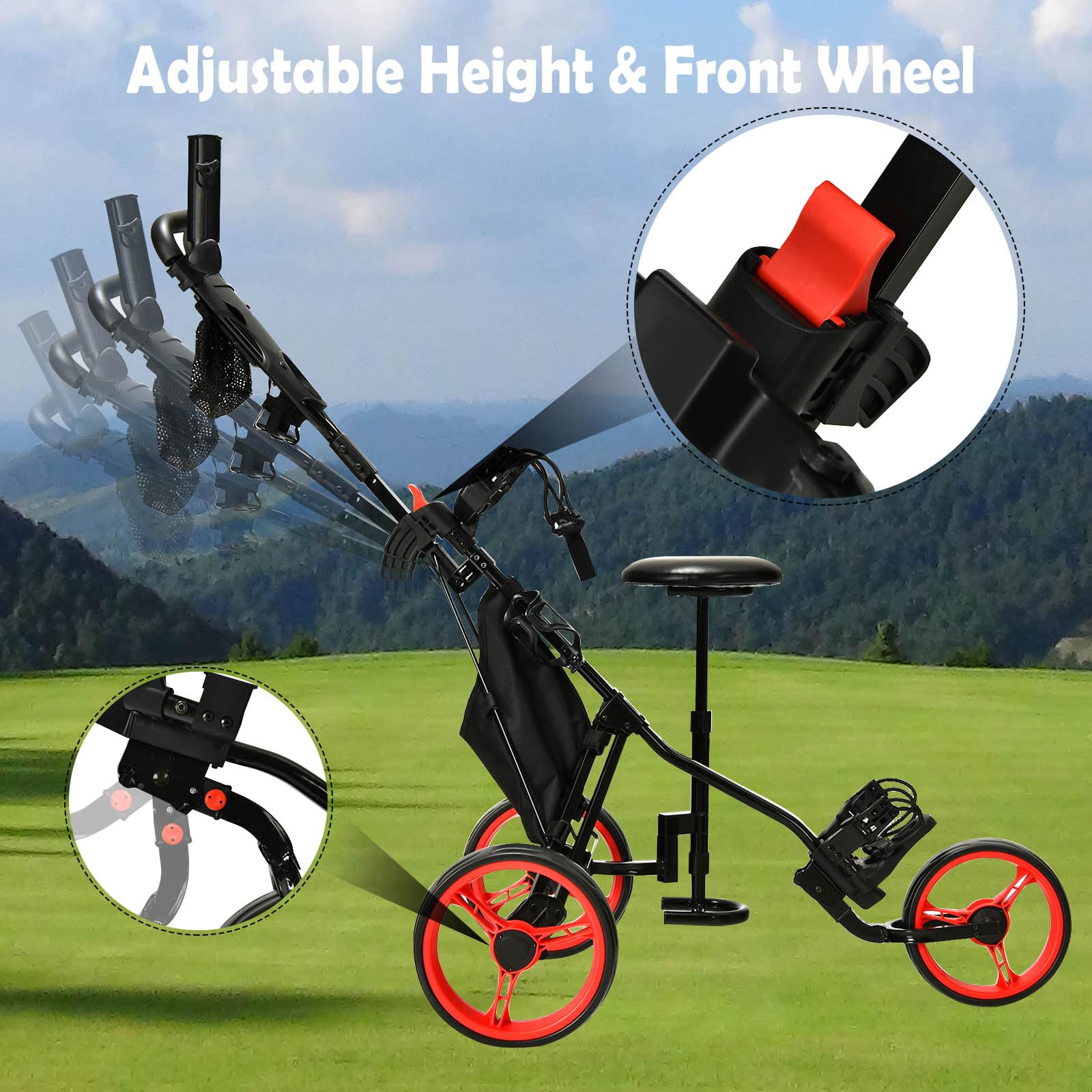LIFEZEAL Carrito de Golf Plegable, Carrito de Golf con 3 Ruedas, Carro de Golf con Marcador y paragüero, Carrito metálico de Golf con Bolsa de Almacenamiento y Freno de pie