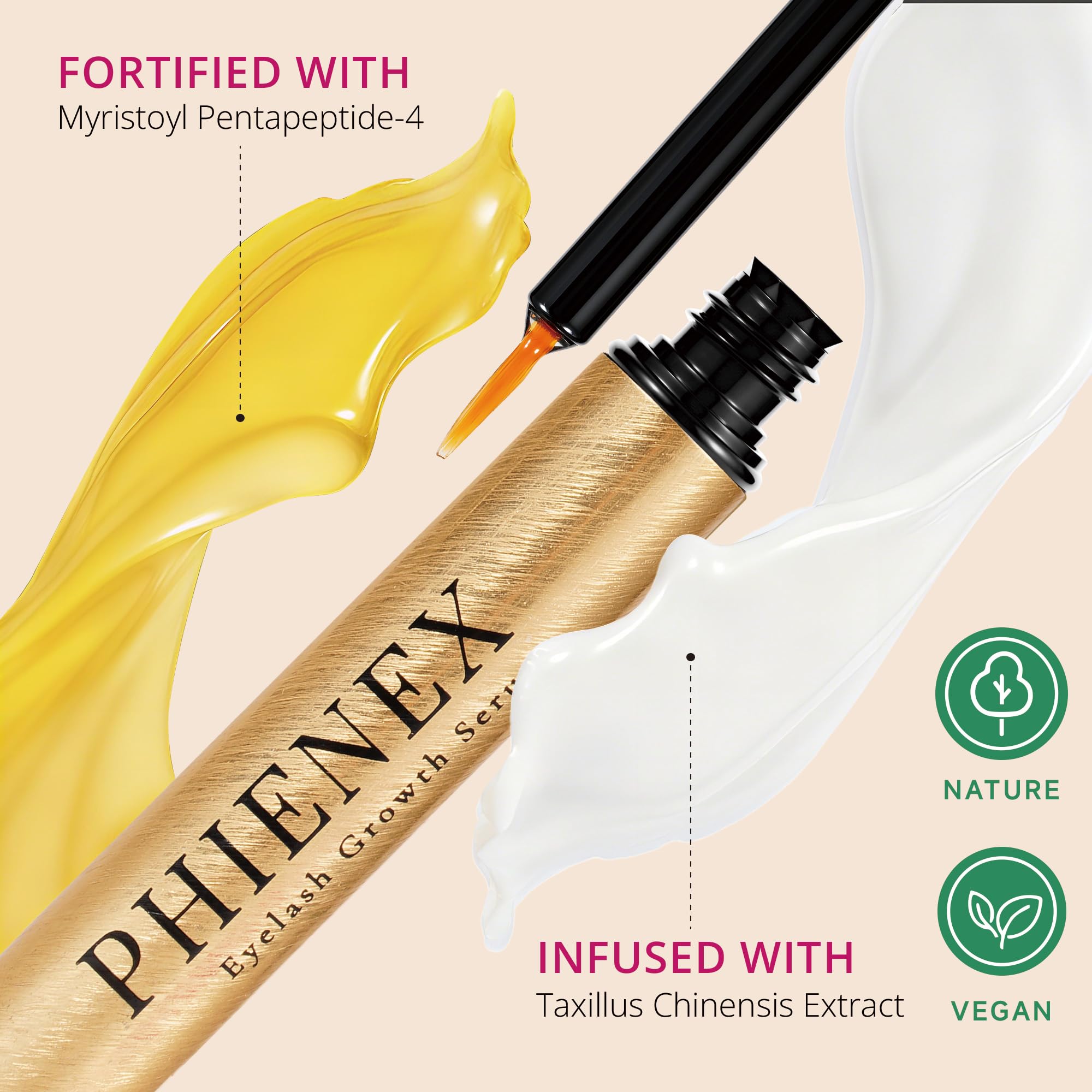 PHIENEX Serum do Rzęs, Formula Wzmacniająca na Dłuższe i Gęstsze Rzęsy oraz Brwi - Technologia US DermaCraft Labs z Botanicznym Kompleksem Peptydowym - 3ml (Różowy)