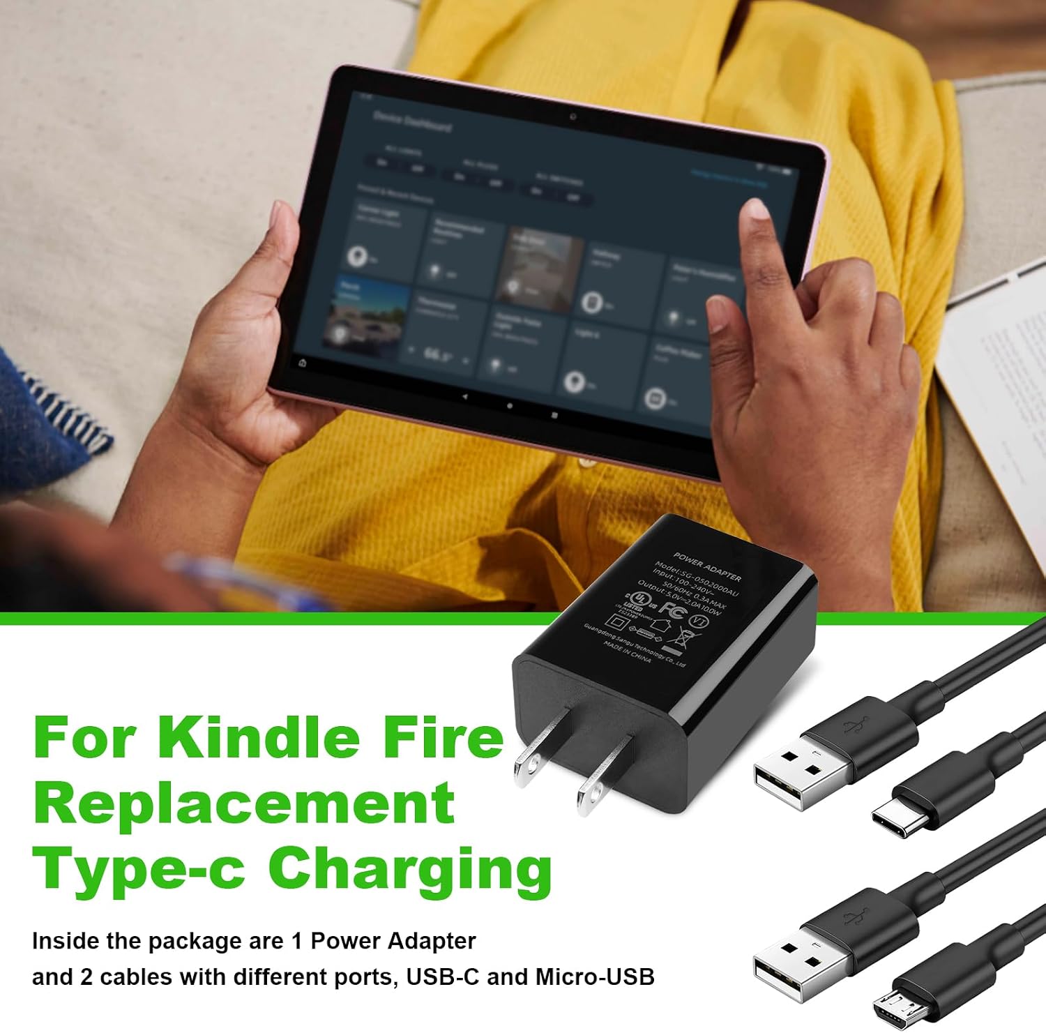 for Kindle Fire Tablet USB Charger: Replacement for All Generations HD 10 Pro Charger Cord Adapter, for 5-11th Gen Paperwhite Oasis Voyage Scribe Colorsoft HDX Plus Kids Edition 7-10 Inch, 5FT Cable