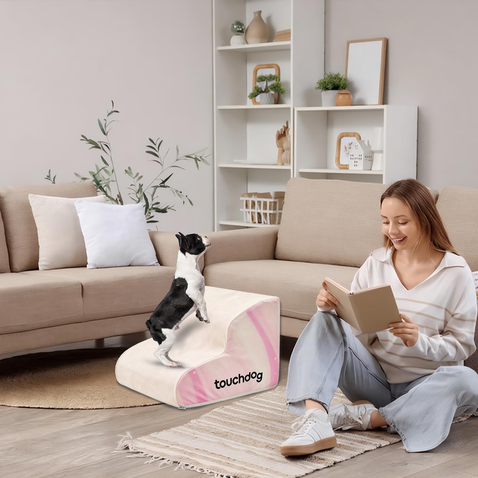 Galatée Scala Per Animali Domestici, Monoblocco, Imbottita Con Spugna, Pendenza Dolce Per Proteggere Le Articolazioni, Rimovibile, Lavabile e Antiscivolo（2 Strati, Rosa）