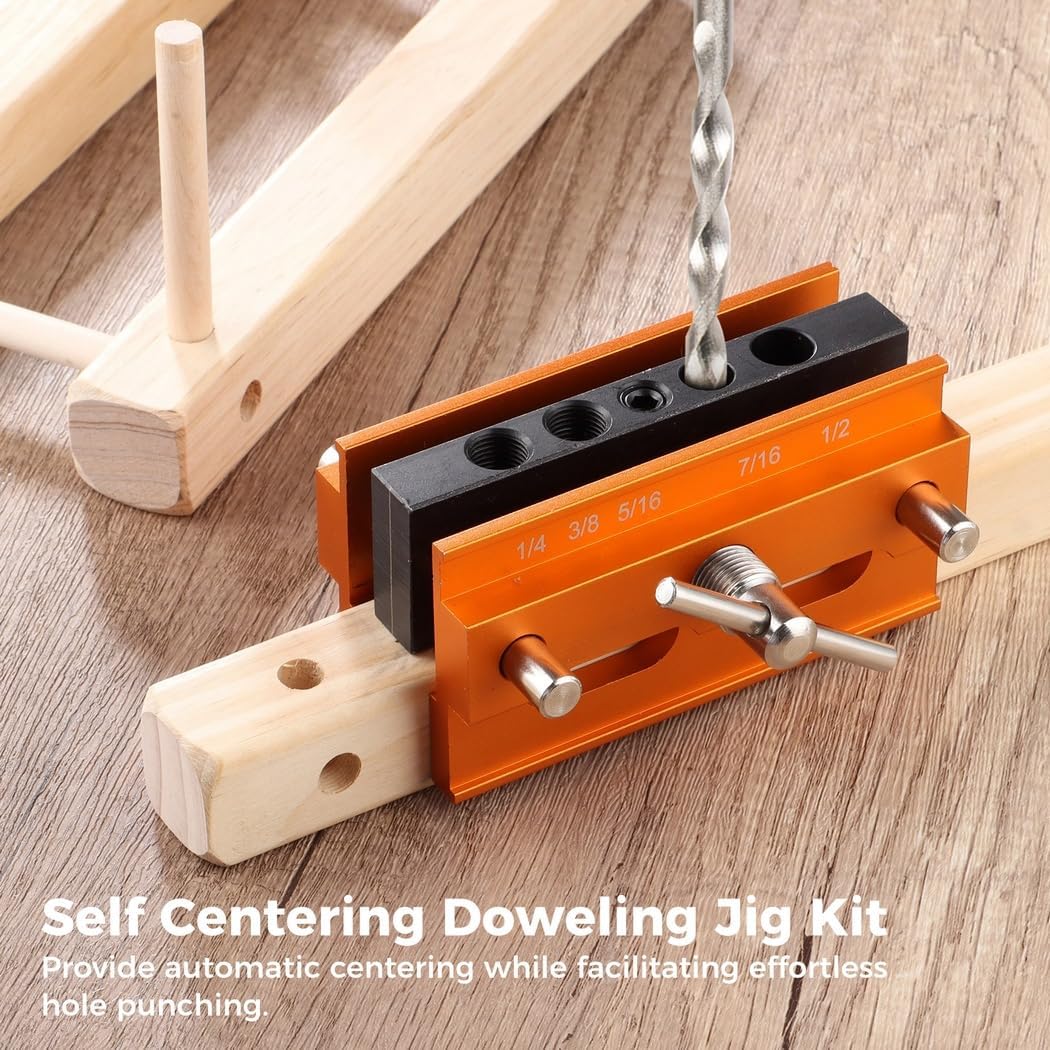 Adjustable Self-Centering Doweling Jig Kit, 6 Interchangeable Bushings, Punching Guide Tool for Woodworking Straight Hole Positioning