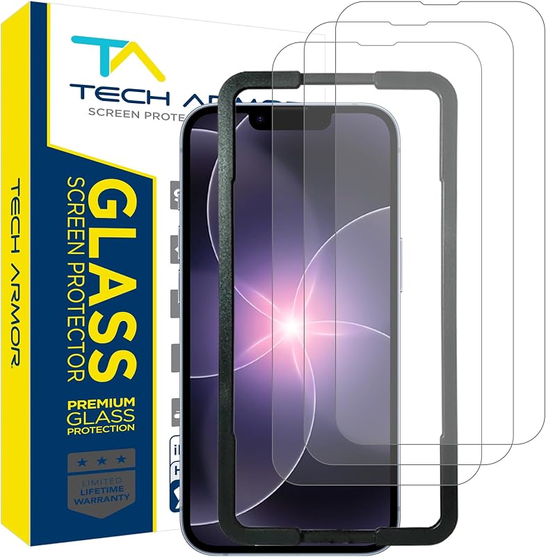 Protector de pantalla Tech Armor para iPhone 17e, 16e, 14, 13 Pro Glass, paquete de 3 | Balístico, templado 9H, dureza, ajuste fácil de usar, bandeja de instalación guiada, pantalla ultra clara, protección contra rayones y caídas