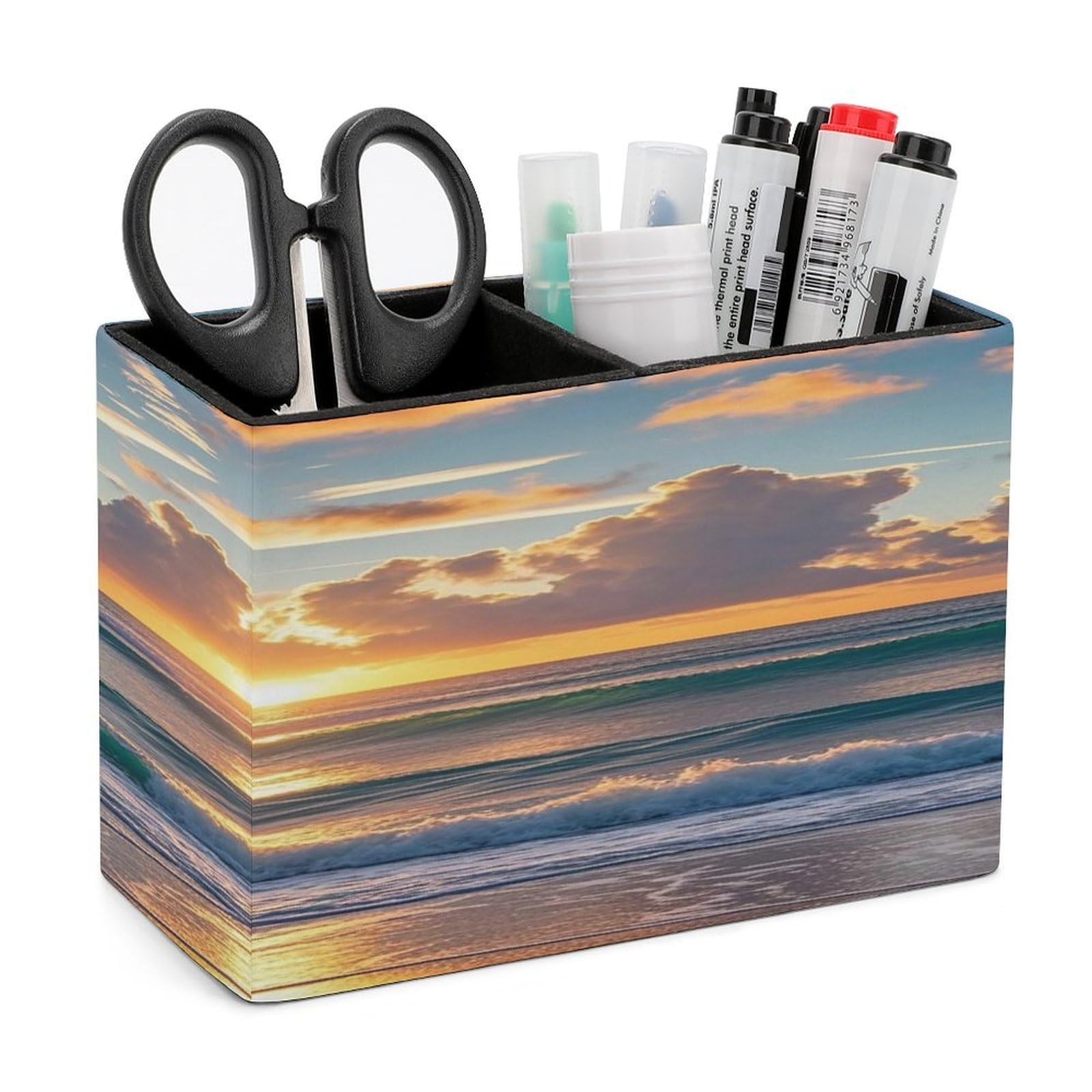 LZQPOEAS Beach Maui Hawaii Sunset Leather Pen Holder with 2 Compartments Luxury Pencil Holder Minimalist Pencil Cup Brush Scissor Holders Elegant Pen Cup for Office Home Desk Accessories