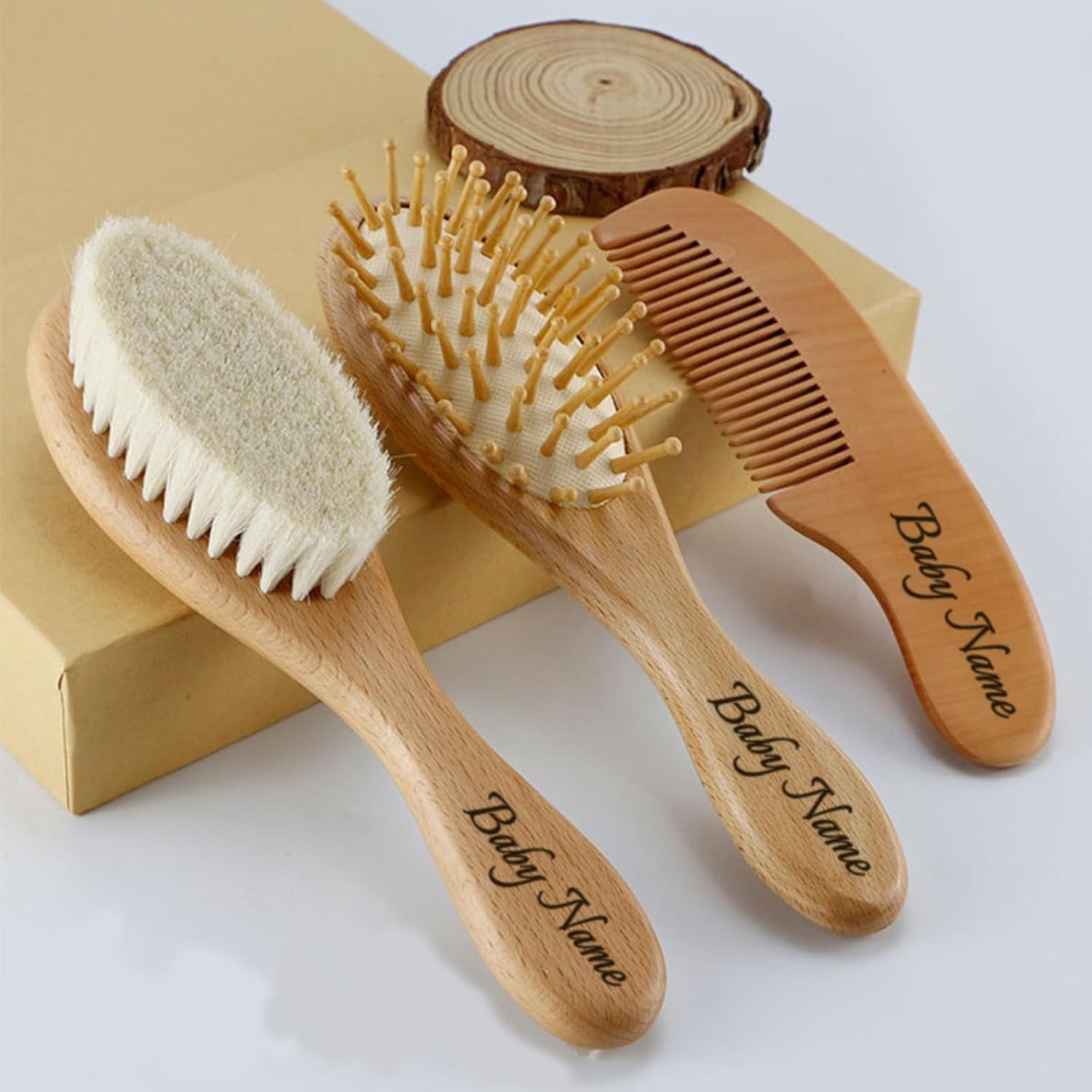 Baby Hair Brush Set 3 Pieces Wooden Brush and Comb Soft Hair Brush Custom Name for Newborn Cradle Cap Head Massager Christening Birthday Baby Shower Gifts