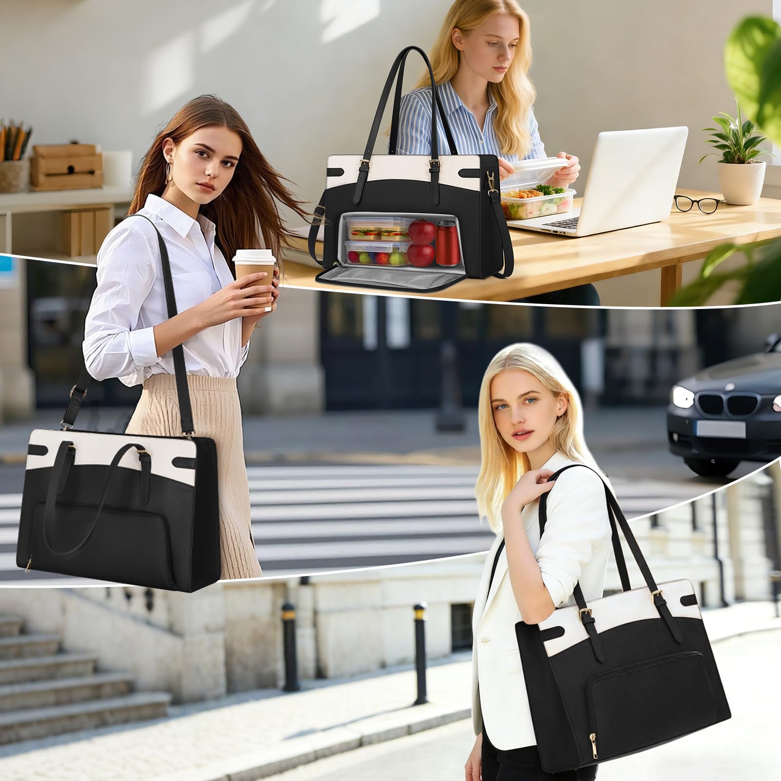 RAINSMORE Laptop Bags for Women with Insulated Lunch Compartment Work Tote Bag 15.6 inch Large Laptop Handbag PU Leather for Office Business College — view 2