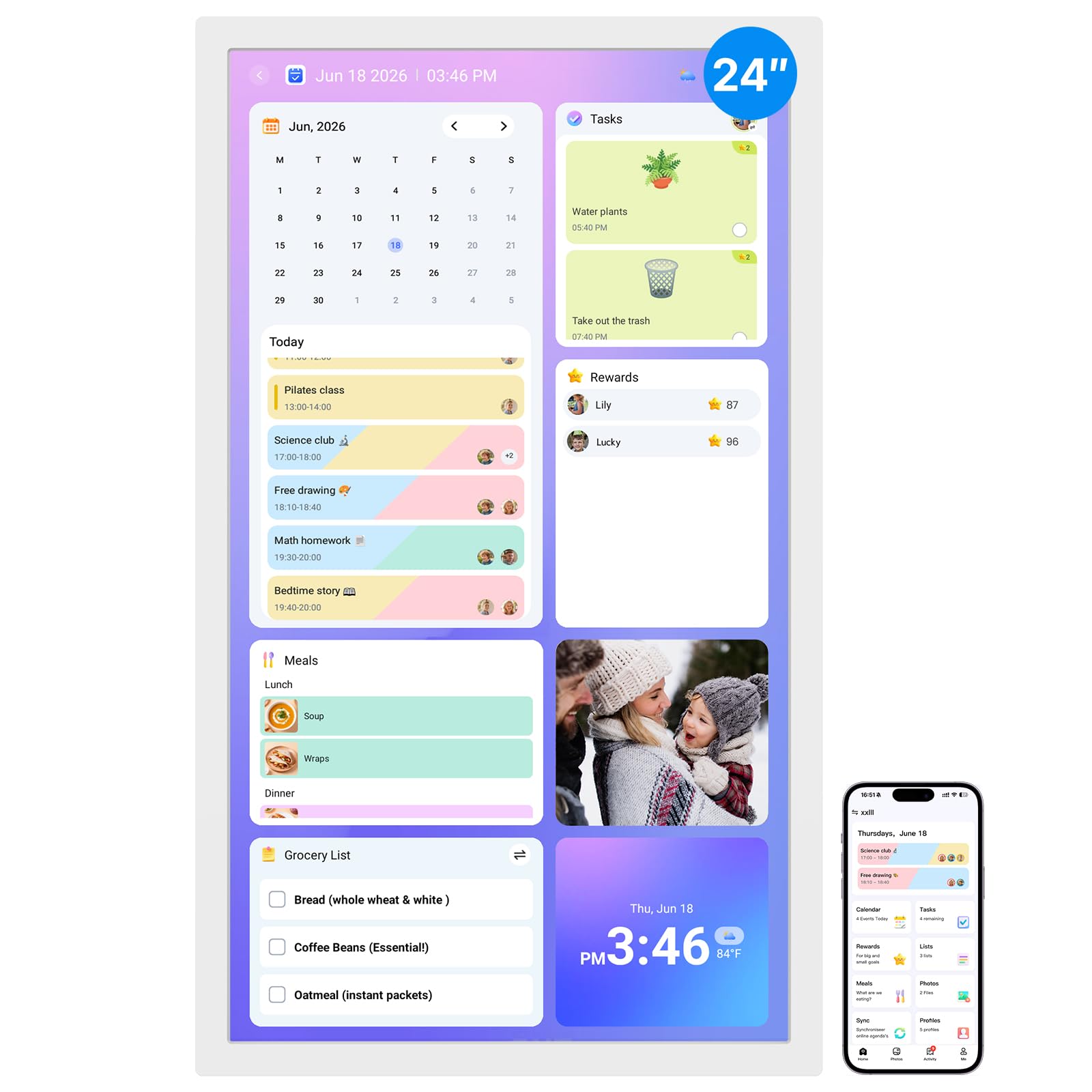 BSIMB 24 Inch Digital Calendar Wall Touch Screen - Chore Chart, Meal Planner, Rewards System, Photo Display, Smart Electronic Calendar Interactive Hearth Display for Family Schedules, Seamless Scheduling White