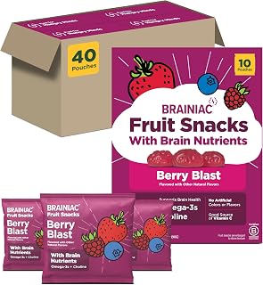 Brainiac Fruit Snacks, Berry Blast, Brain Boosting Patented BrainPack Ingredients with Omega-3s DHA/EPA and Choline, Functional and Nutritious Snacks, 40ct