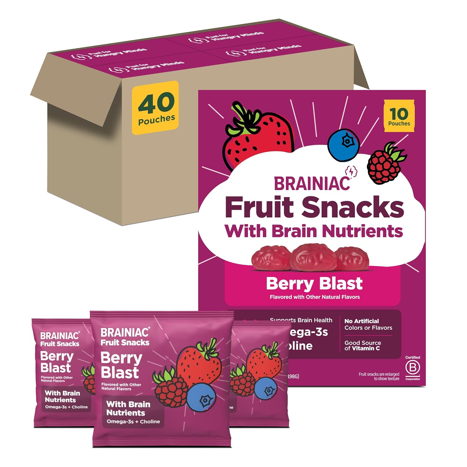 Brainiac Fruit Snacks, Brain Boosting Patented BrainPack Ingredients with Omega-3s DHA/EPA and Choline, Functional & Nutritious Snacks for toddlers and kids, Mixed Fruit, 40 count