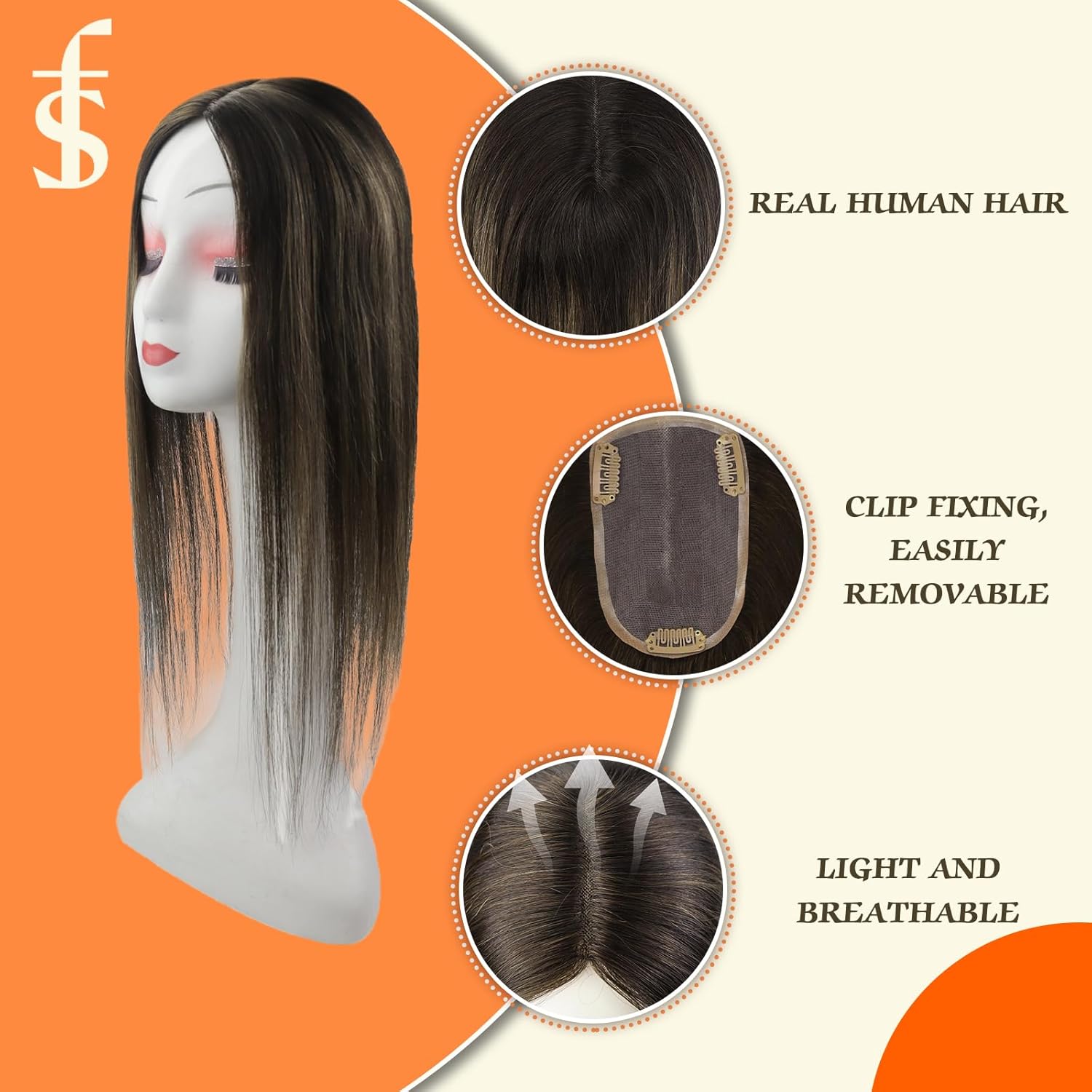 Full Shine 18 Inch Clip In Human Hair Topper Long Hair Invisible Hair Topper 3 * 5 Inch Human Hair Wiglet Balayage Darkest Brown To Ash Brown Hair Extensions For Thin Hair