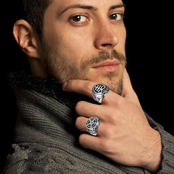 Flonge Men's Satanic Signet Ring: 2 Packs Gothic Pentagram Satanic Baphomet Goat Rings Talisman Amulet Jewelry for Men