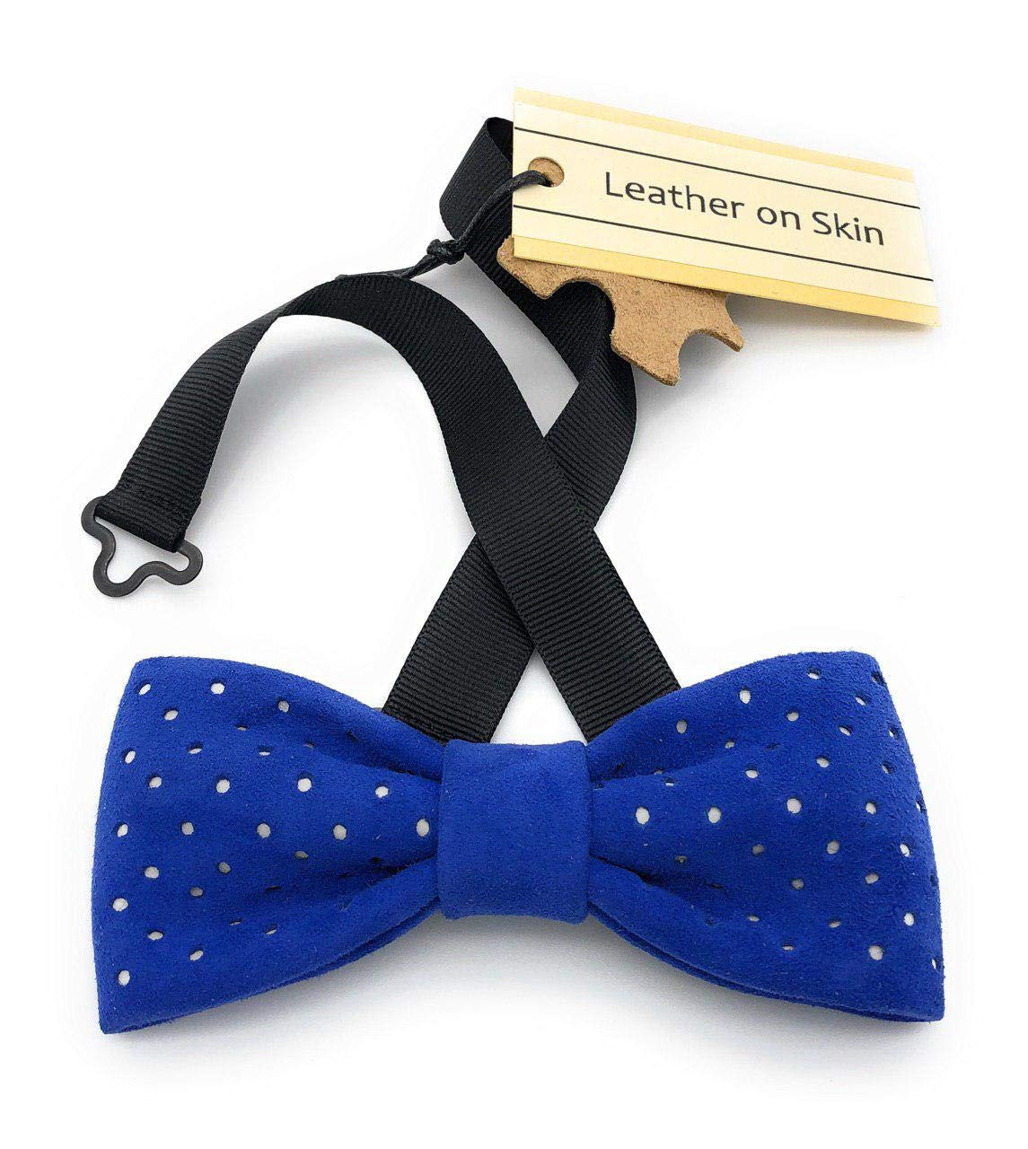 Papillon uomo in Vera Pelle - fatto a mano - Blu reale e pois bianchi