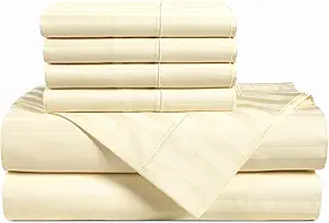 Casa Platino 100% Egyptian Cotton Sheets Full Size Set - 6 Pieces - Damask Stripe- Ultra Smooth Sateen Weave Bed Sheets Set with 15" Deep Pockets - Ivory