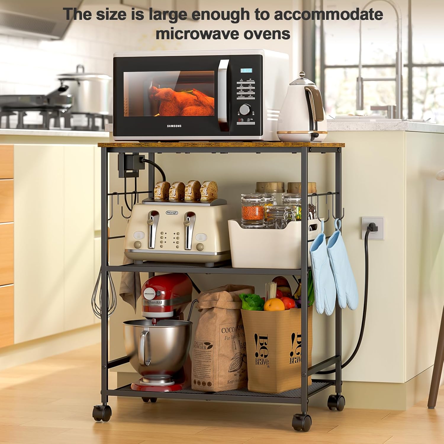 Rolling Kitchen Microwave Cart with Power Outlet, 3 Tier Microwave Table Stand with Storage, Kitchen Utility Cart on Wheels, Small Coffee Cart Shelf Rack Organizer for Living Room Office