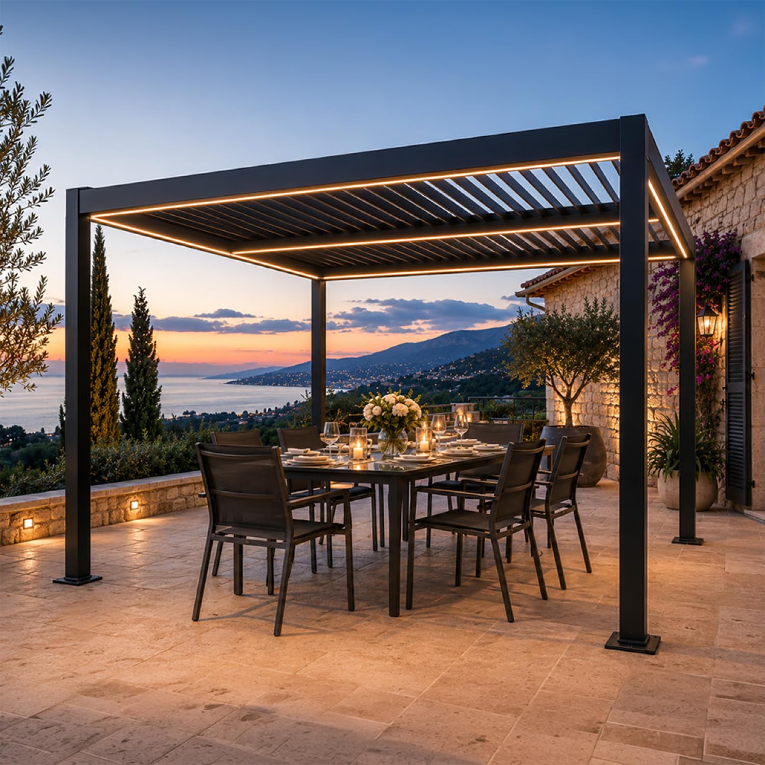 Pergola Bioclimatique CORFU LED 300 cm Noir Aluminium Lames Orientables