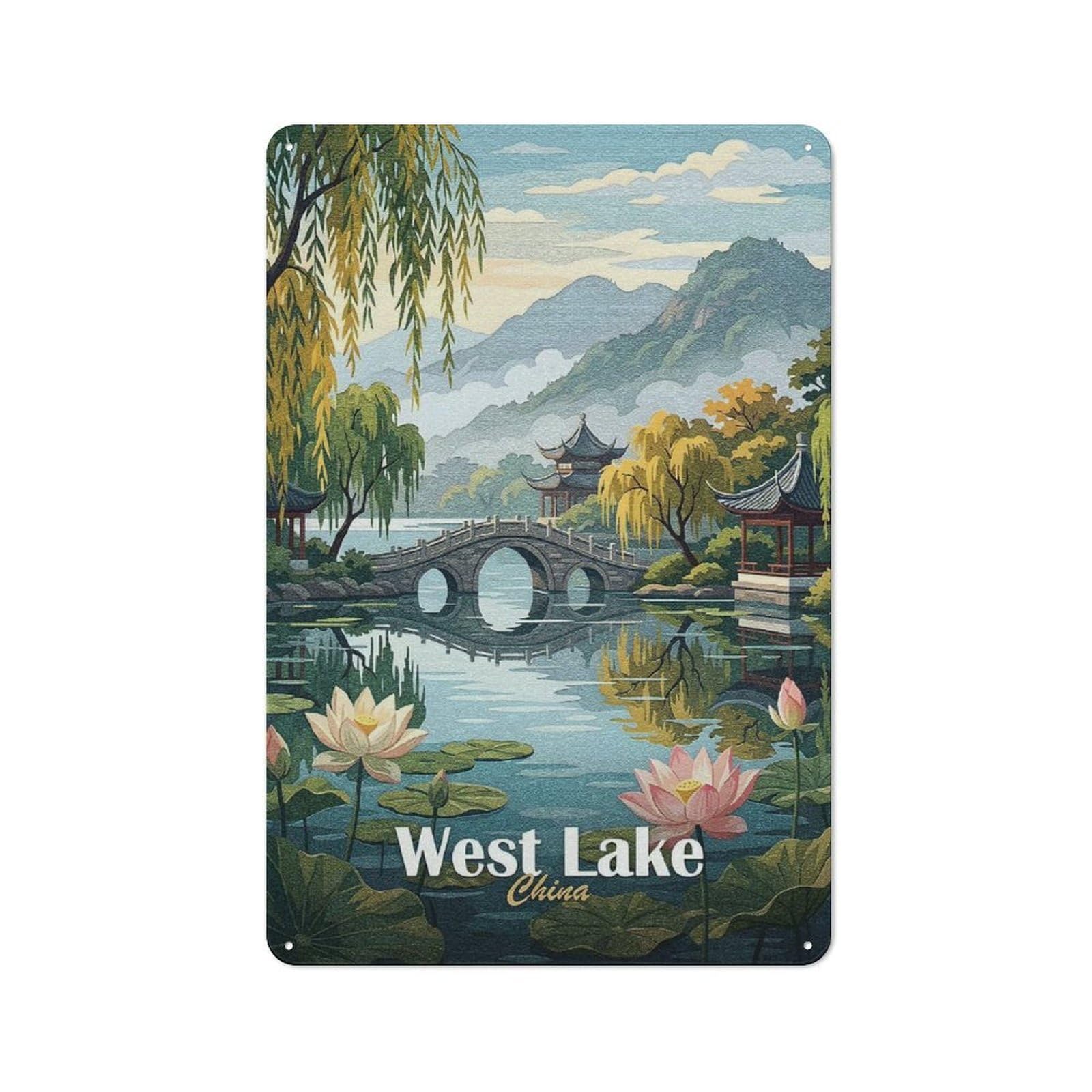 Junmoney Style-7 West Lake China Landscape Art Everyday Metal Wall Decor 30X20cm, Decorative Tin Plaque For Flat, Dorm Room, Lounge Or Cafe