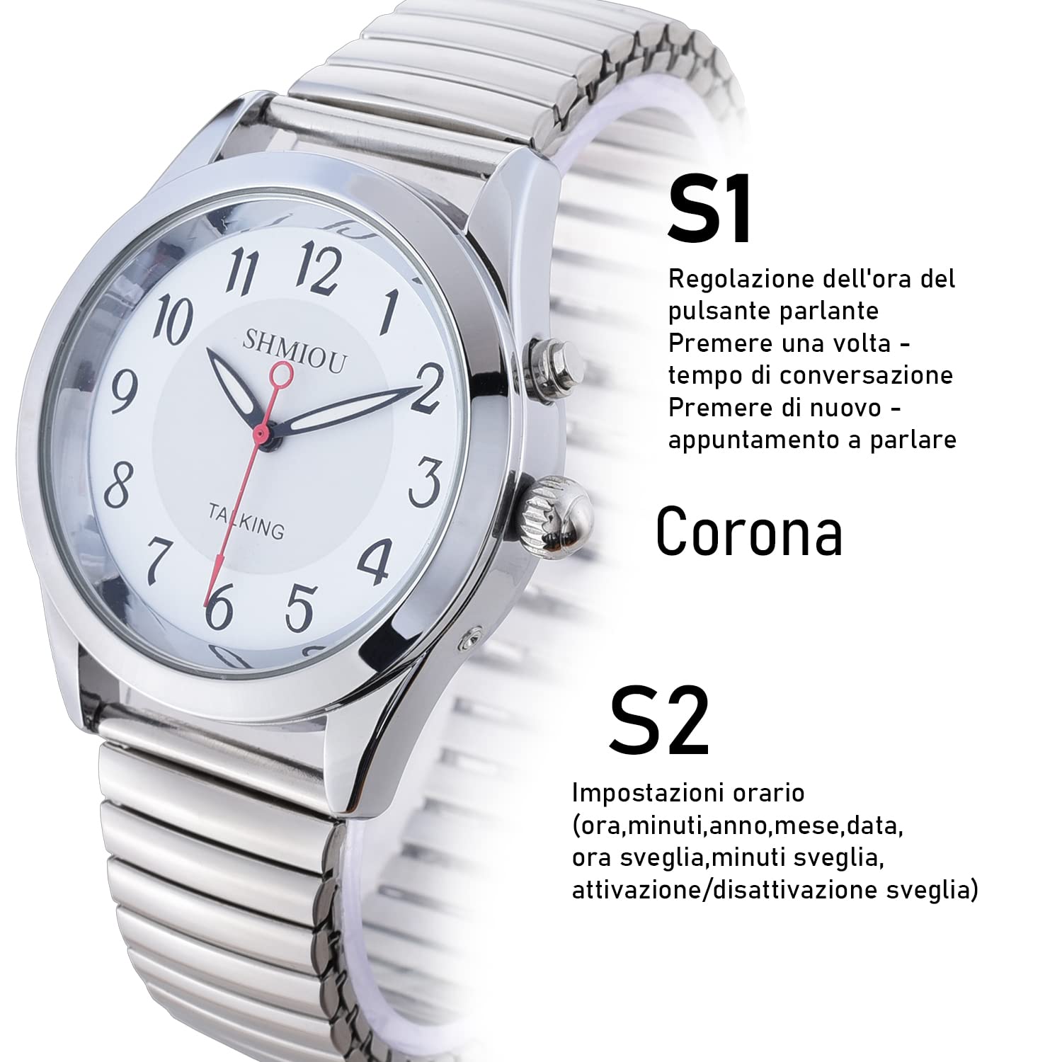 Orologio Parlante Italiano Dorato per Anziani Non Vedenti Ipovedenti, Malati di Alzheimer Forte Chiaro Audio annuncio della data dell'ora Con Cinturino Metallo XM-IT-220402