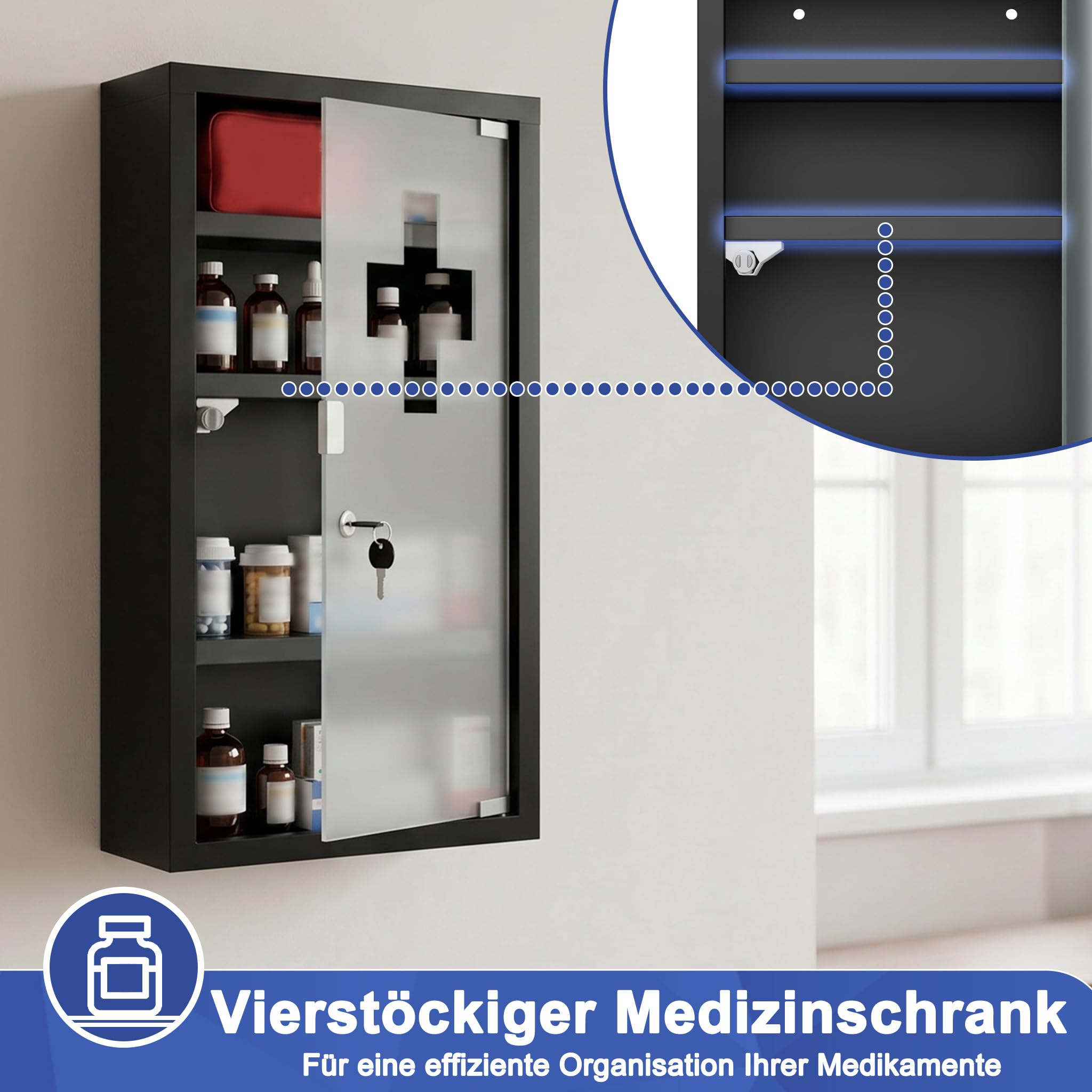 Froadp Armario medicinal de acero inoxidable con cerradura y puerta de cristal y cerradura, 30 x 12 x 57,5 cm, armario para medicamentos, botiquín de primeros auxilios (4 compartimentos), color negro