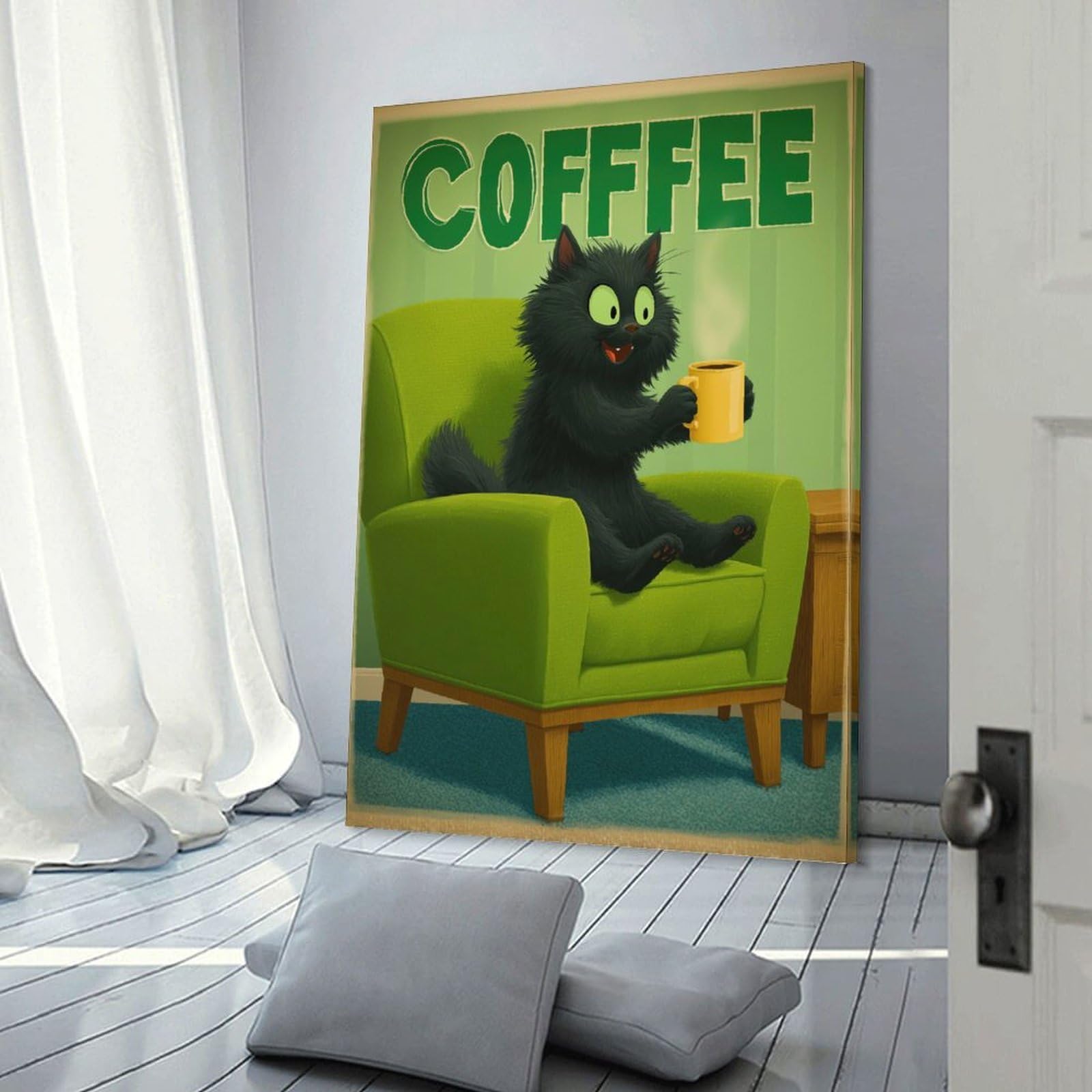 Junmoney Cartoon Cat Enjoying Coffee in Armchair Wall Art Print, 20x30inch(50x75cm), for Study, Office Or Focused Interiors, Home Office Artwork with Decorative Appeal