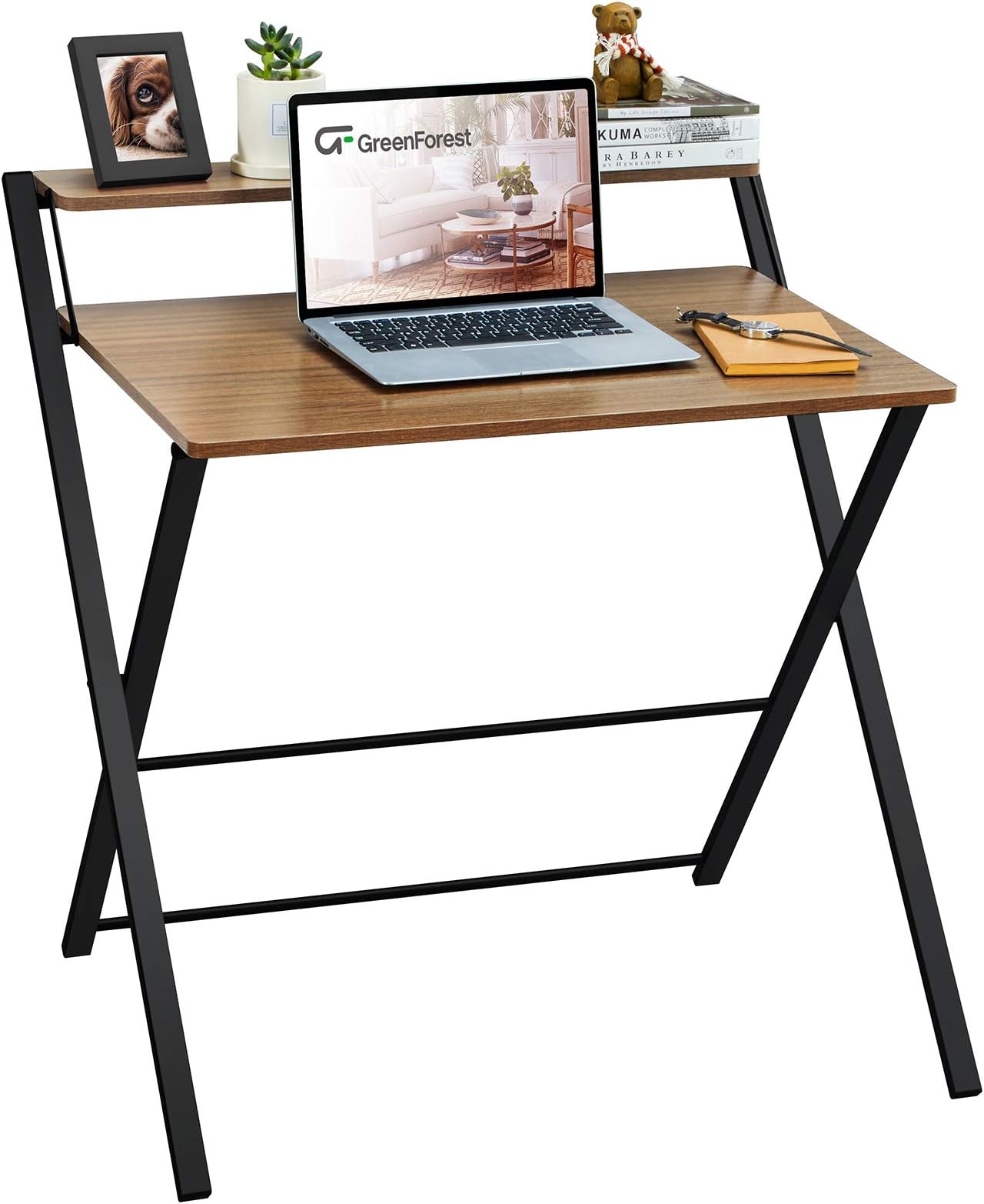 GreenForestFolding Desk No Assembly Required, Computer Desk with 2-Tier Shelf Foldable Table for Small Spaces Main Desktop 29.5 x 20.47 inch, Espresso