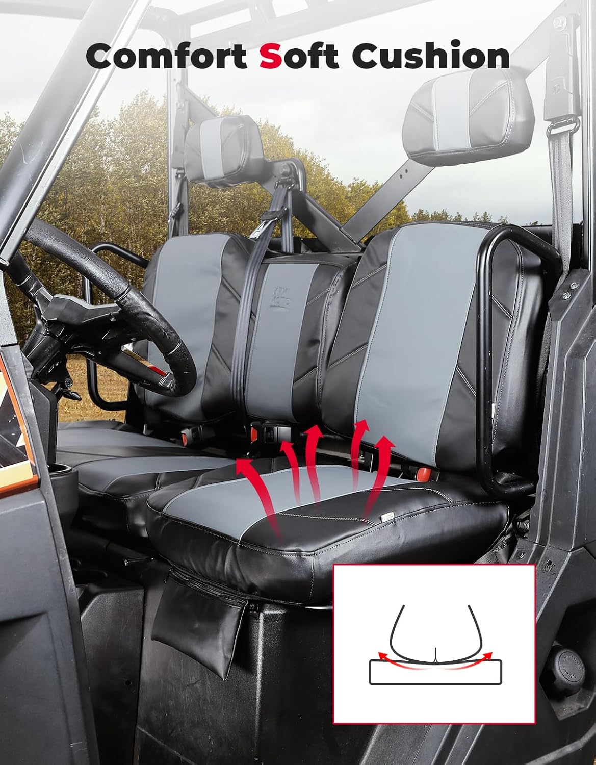 KEMIMOTO UTV Leather Seat Covers w/Pocket Soft Cushion Compatible with Polaris Ranger XP 1000/Crew 2017-2021, Ranger 1000/Crew 2020-2024 Stylish 60/40 Split Bench Seat Cover Waterproof Accessories