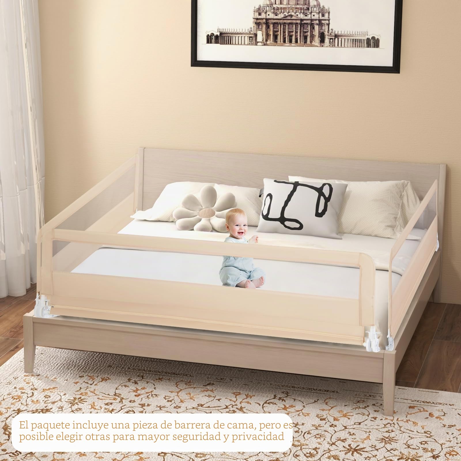 RELAX4LIFE Barrera Seguridad Niños Cama Plegable 150/180cm con Correas de Seguridad y Funda Tela Oxford Removible, Barandilla Cama Niño para Cuna, Cama Gemelo/Doble/Queen&King (Beige,180 x 41 x 55 cm)