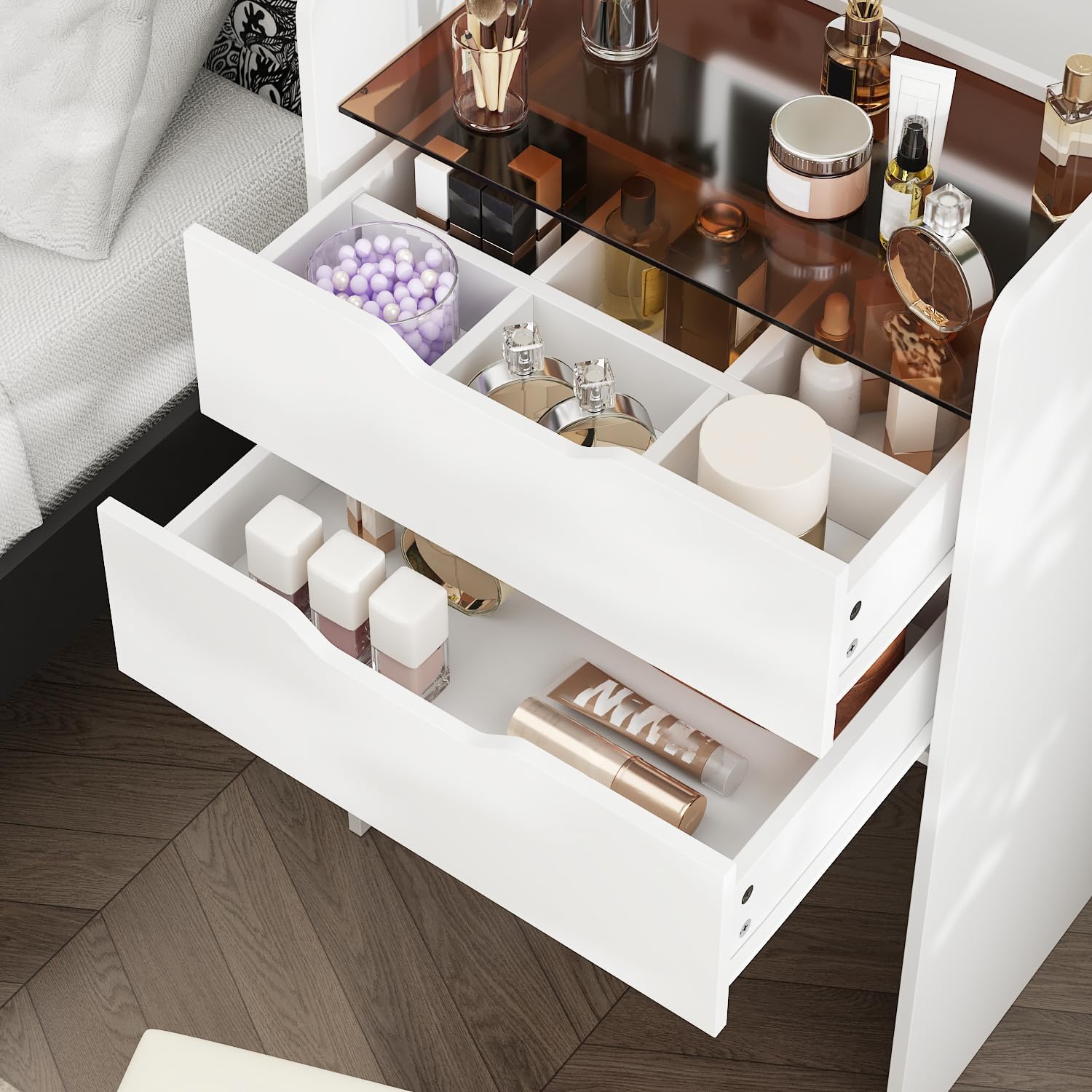 Homsee Makeup Vanity Desk Set with Lighted Mirror and Storage, Makeup Dressing Table for Bedroom with Adjustable Lighting, Tempered Glass Top and Pull-Out Stool, White