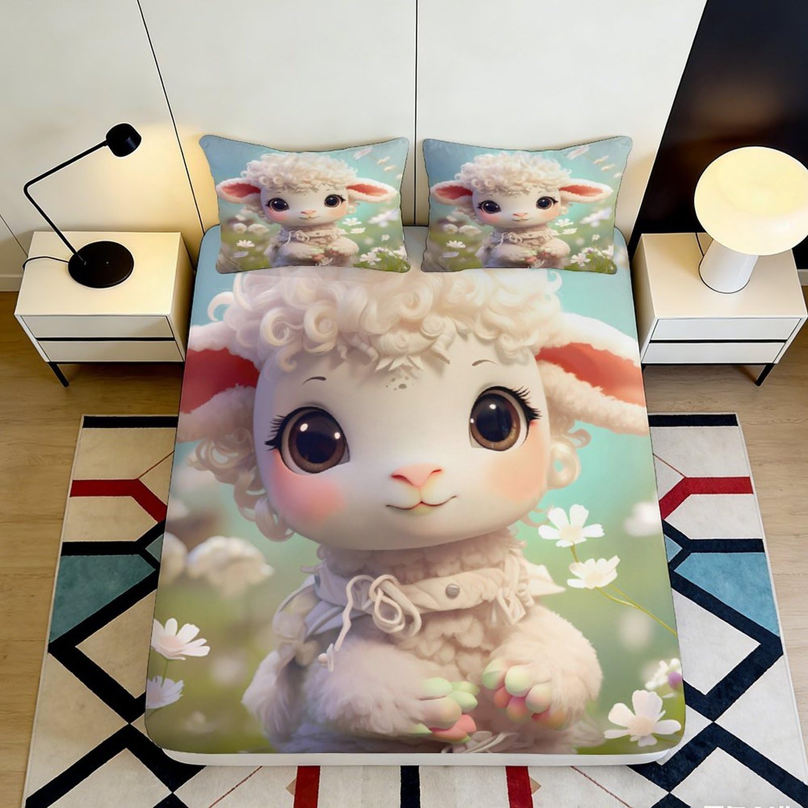 3D Printed Cute Lamb Pastel Meadow Fitted Sheet Microfiber Soft Anti-Slip Cartoon Sheep Mattress Cover for Bedroom Guest Room Dorm Decor 120x200cm 120x200x25cm