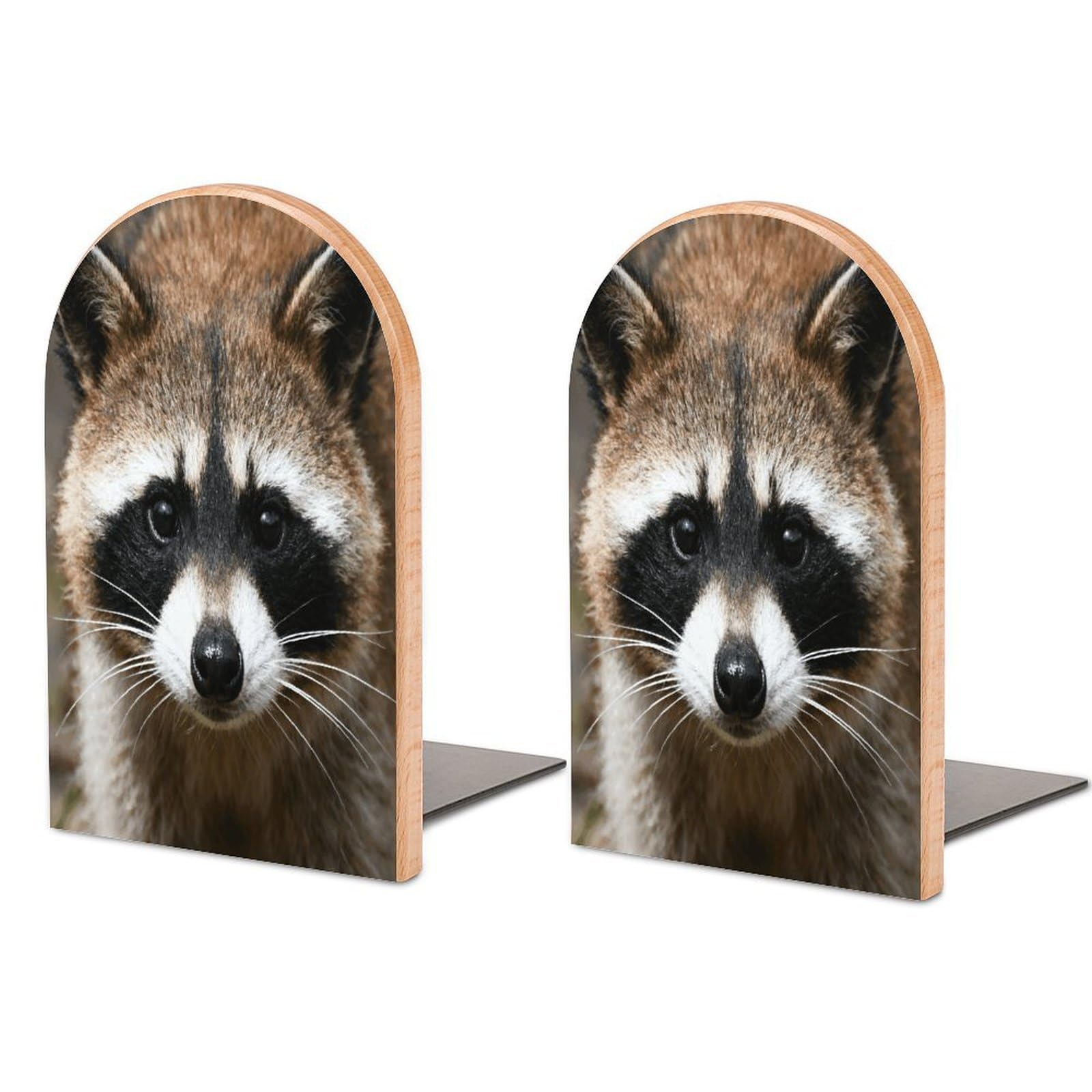 Raccoon Face Book Ends Wood Non-Skid Bookend for Shelves Heavy Duty Bookends with Metal Base Decorative Books Stopper Desk Organizers Book Dividers for Office Home 1 Pair