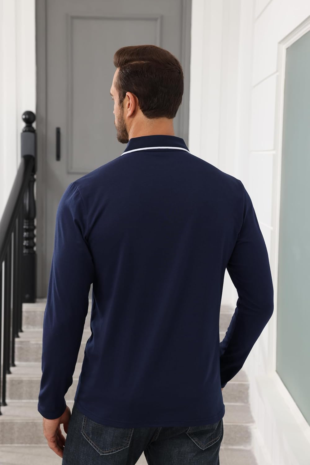 Mens Polo Shirts Long Sleeve Casual Stylish Collared Button Solid Color Golf T Shirts with Pocket - Image 3