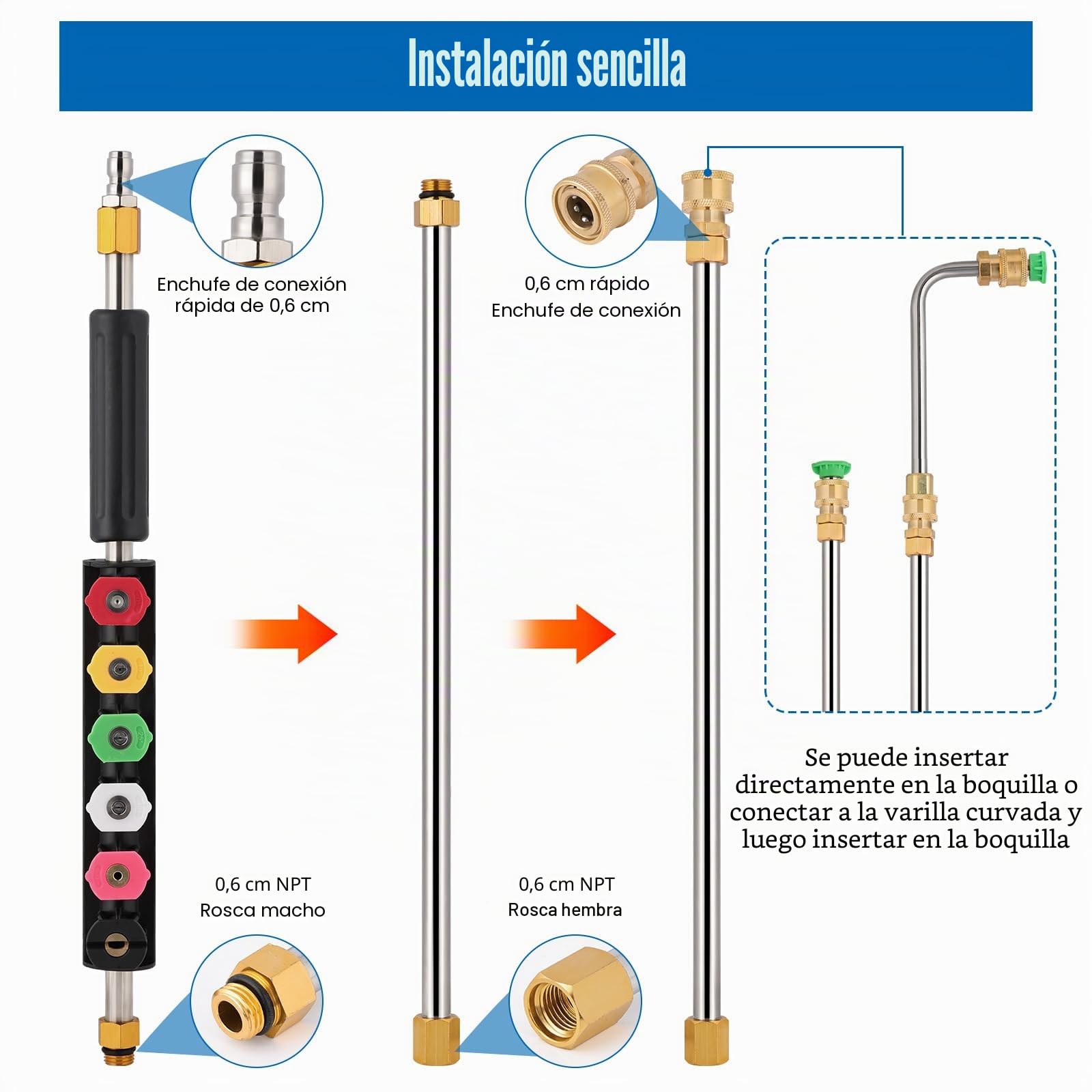 Kit de Extensión para Hidrolimpiadora 4000PSI,3 Varillas Curvas