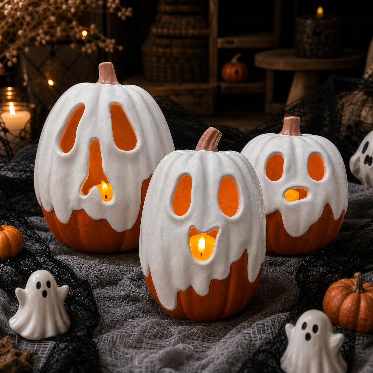 Halloween Decorations - 9.45" H Resin Ghost Pumpkin with Flameless Candle for Indoor Outdoor - Cute Spooky Decoration Centerpieces Halloween Decor for Tables Porch Yard Home Front Door Mantel
