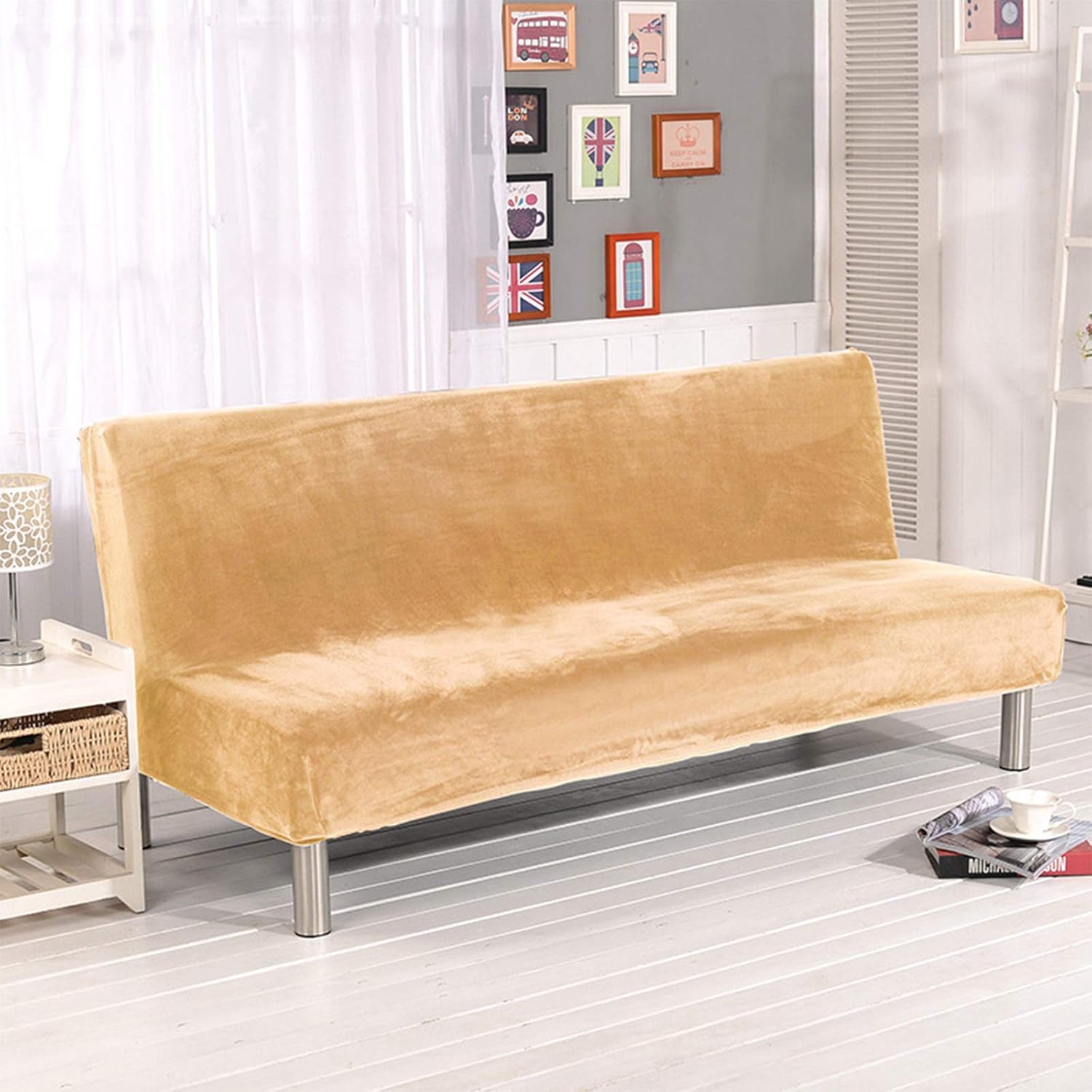 Stretch Sofa Cover,Armless Sofa Slipcover Loveseat Slipcovers Thicken Plush Sofa Throw Covers Living Room Soft Crystal Velvet-Khaki L