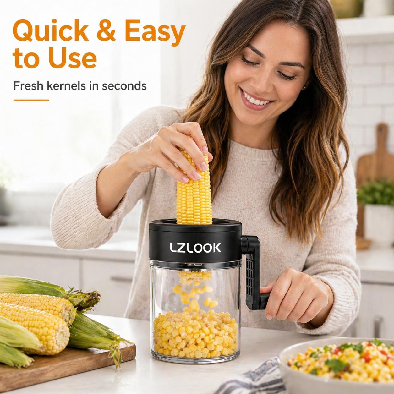 Corn Peeler for Corn on the Cob, Corn Stripper Tool with Rotating Handle, Corn Sheller to Cut Corn Safely and Quickly, Corn Kernel Cutter with Bowl
