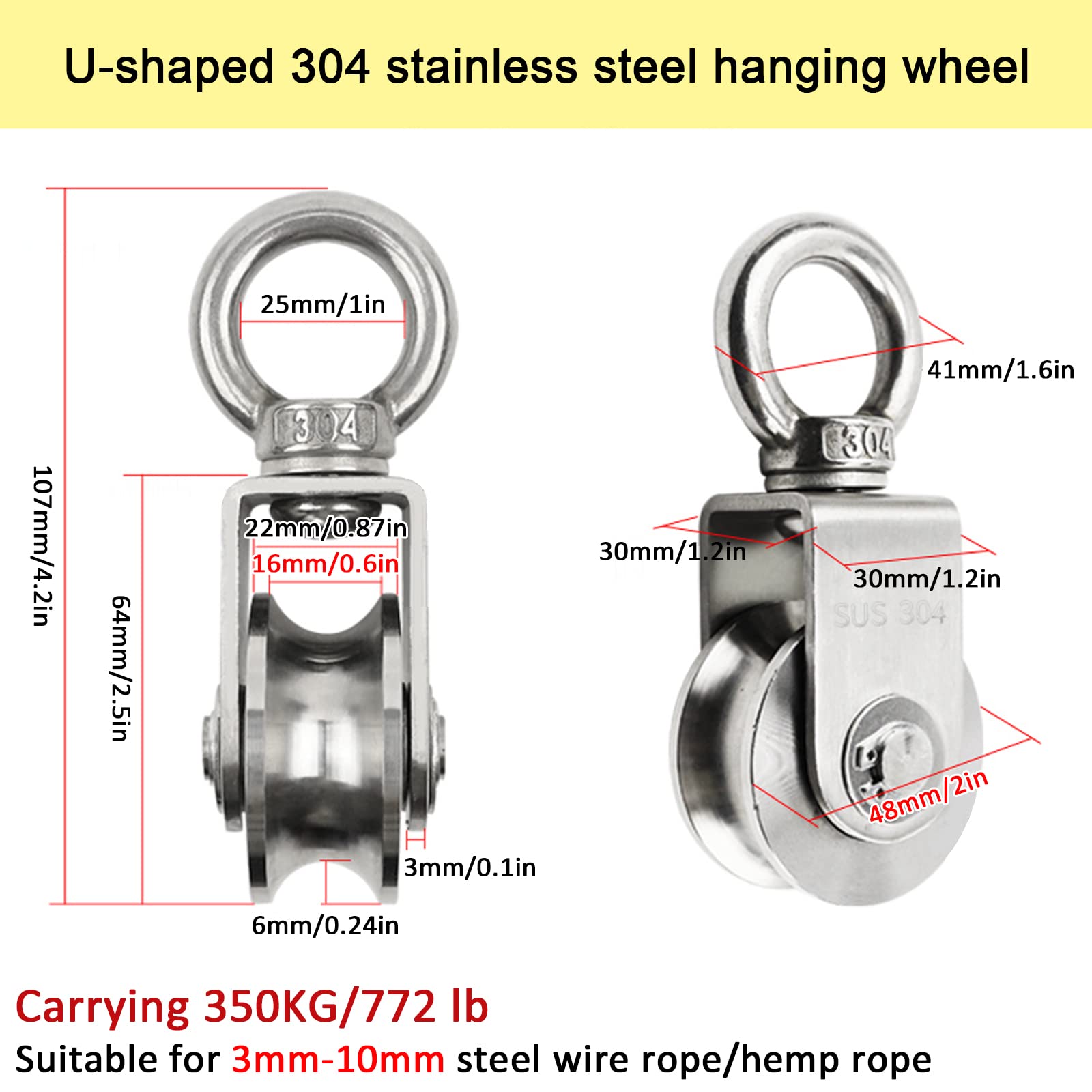 Roues à galets,Roue à rainure en U, Roue de chenille à rainure en U en acier inoxydable 304, poulie à câble ultra-silencieuse, roulettes suspendues à tube rond, poulie de levage, poulie de gymnastique