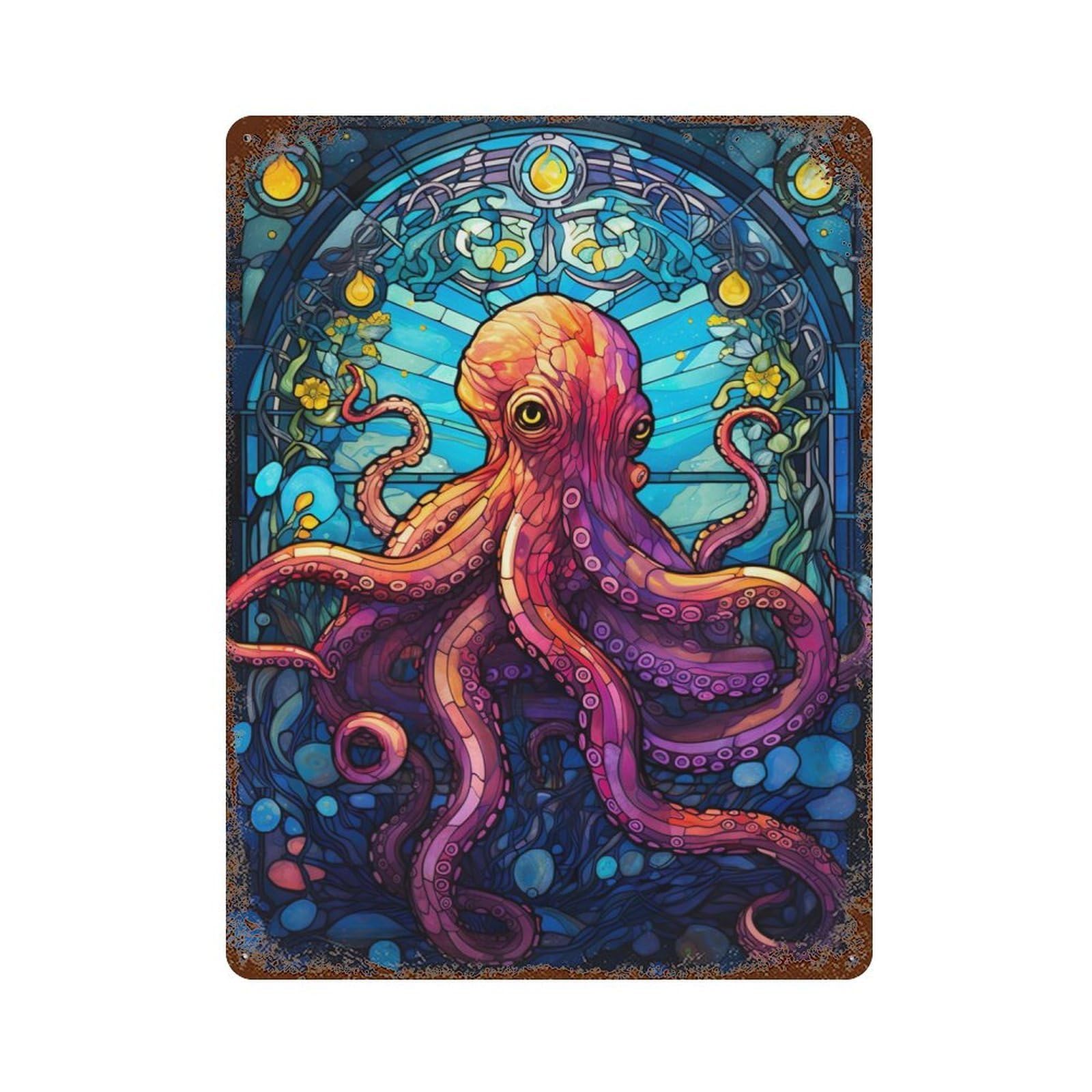 Octopus Stained Glass 15.7"x11.8" Rusty Metal Tin Sign, Novelty Wall Decor for Cafe, Home Bar And Lounge Decor