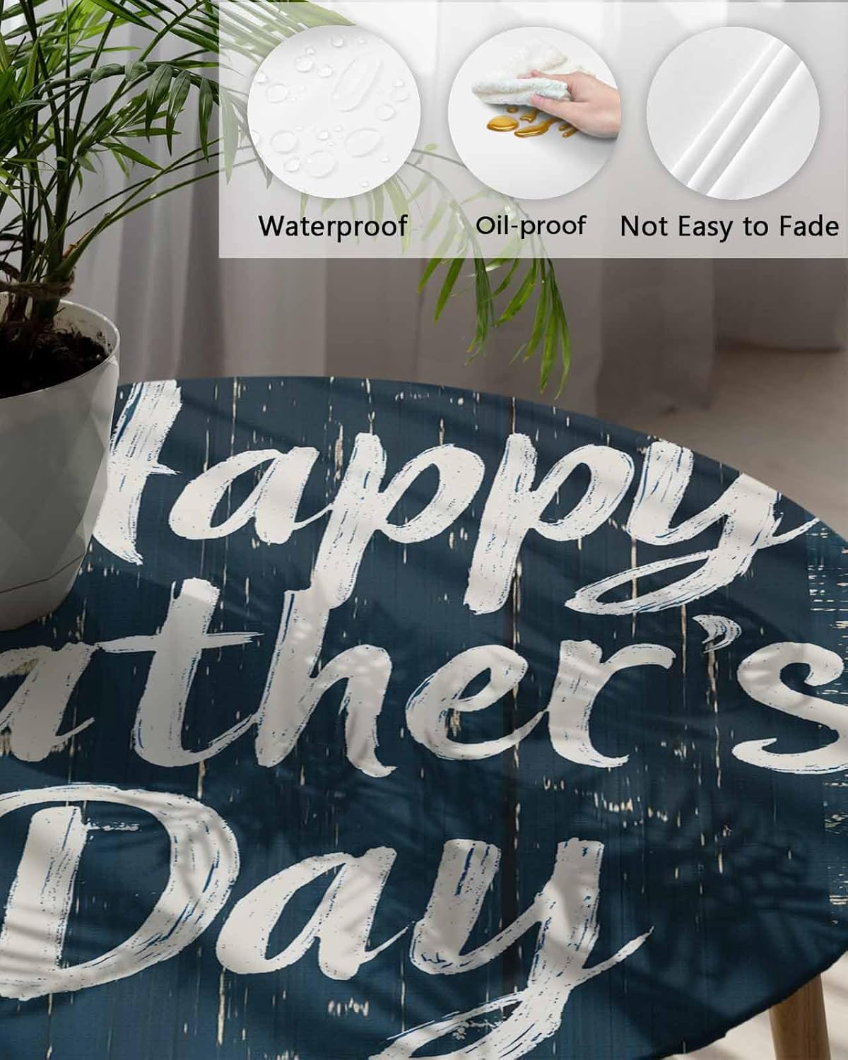 Fitted Round Tablecloths Table Covers 36-44in,Happy Father's Day Quote Wood Waterproof Elastic Edged Table Cloth for Kitchen Dining Holiday Party Tables Decor,Retro Navy Blue Wooden Plank
