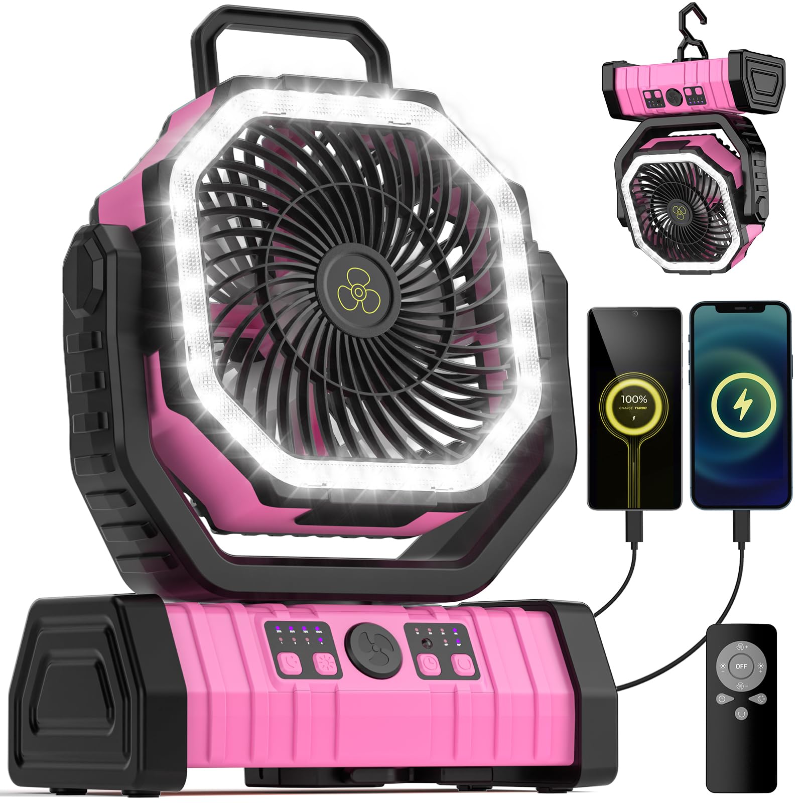 Camping Fan - 20000mAh Battery Powered Fan Rechargeable with LED Lantern - Portable Outdoor Tent Fans with Hanging Hook 4 Speeds Wind Remote Control, Pink