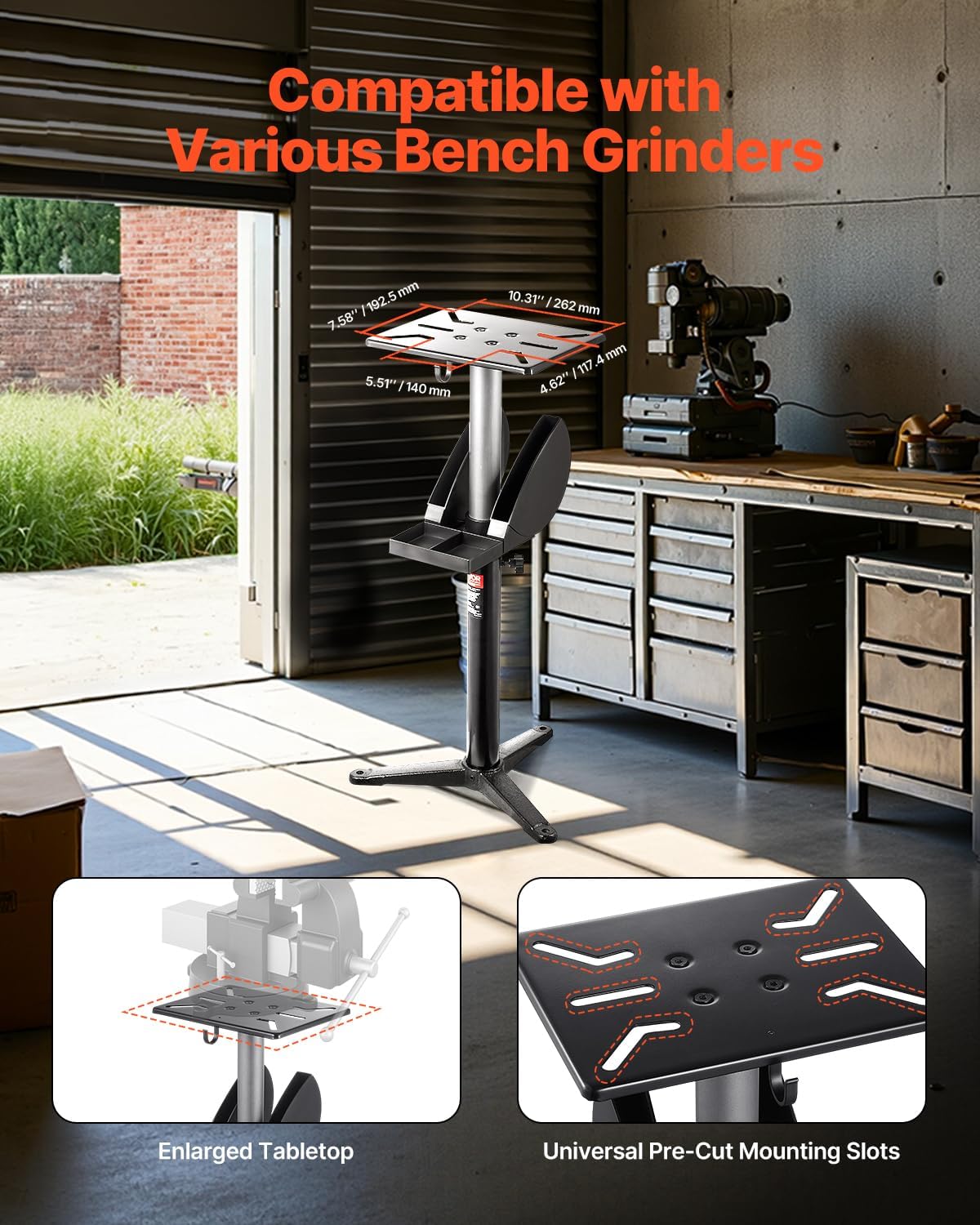 VEVOR Bench Grinder Stand, Bench Grinder Vise Floor Pedestal with 12" x 10" Mounting Plate, 5-Level Height Adjustable Pedestal Stand with Grinding Wheel Storage Compartment & Heavy-Duty Cast Iron Base