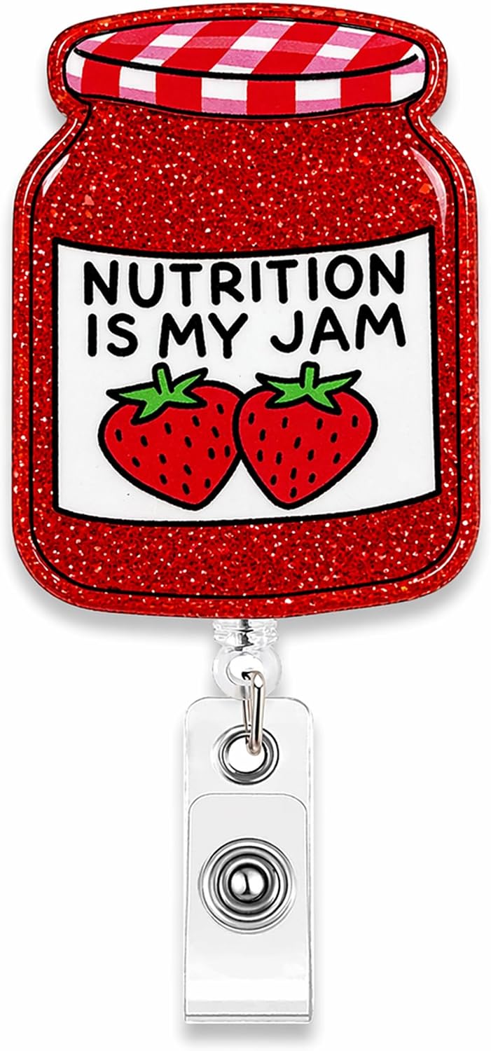 Nutrition Badge Reel Retractable, Nutrition is My Jam Strawberry Badge Holder, Acrylic ID Badge Reel with Alligator Clip for Dietitian Nurse Medical Assistant Office Worker Gift for Women Coworker