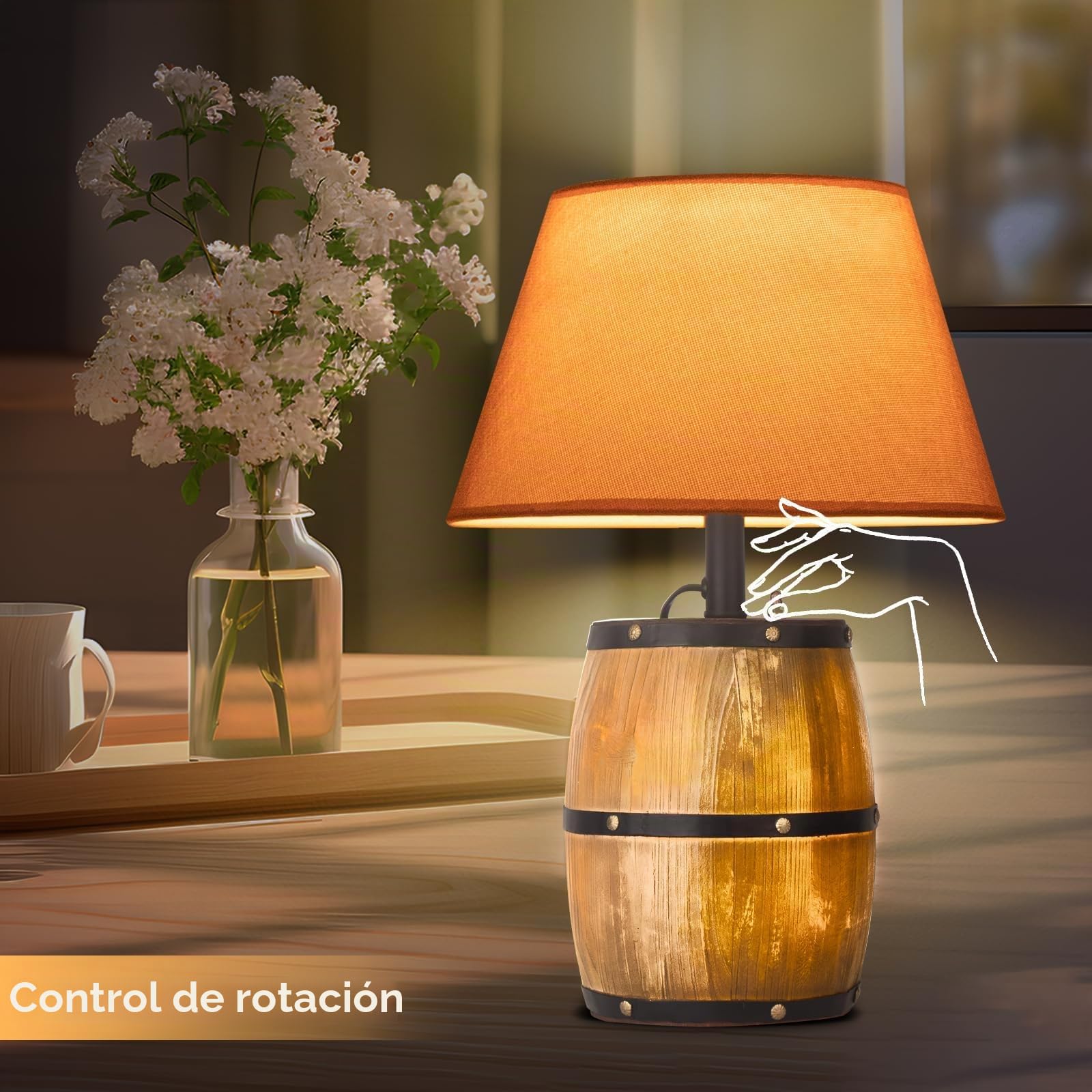 Antiguo barril de vino de madera lámpara de mesa, Pequeña lámpara de mesa rústico,Ajustable de tres modos de iluminación,Lampara de noche dormitorio,Decoracion habitacion