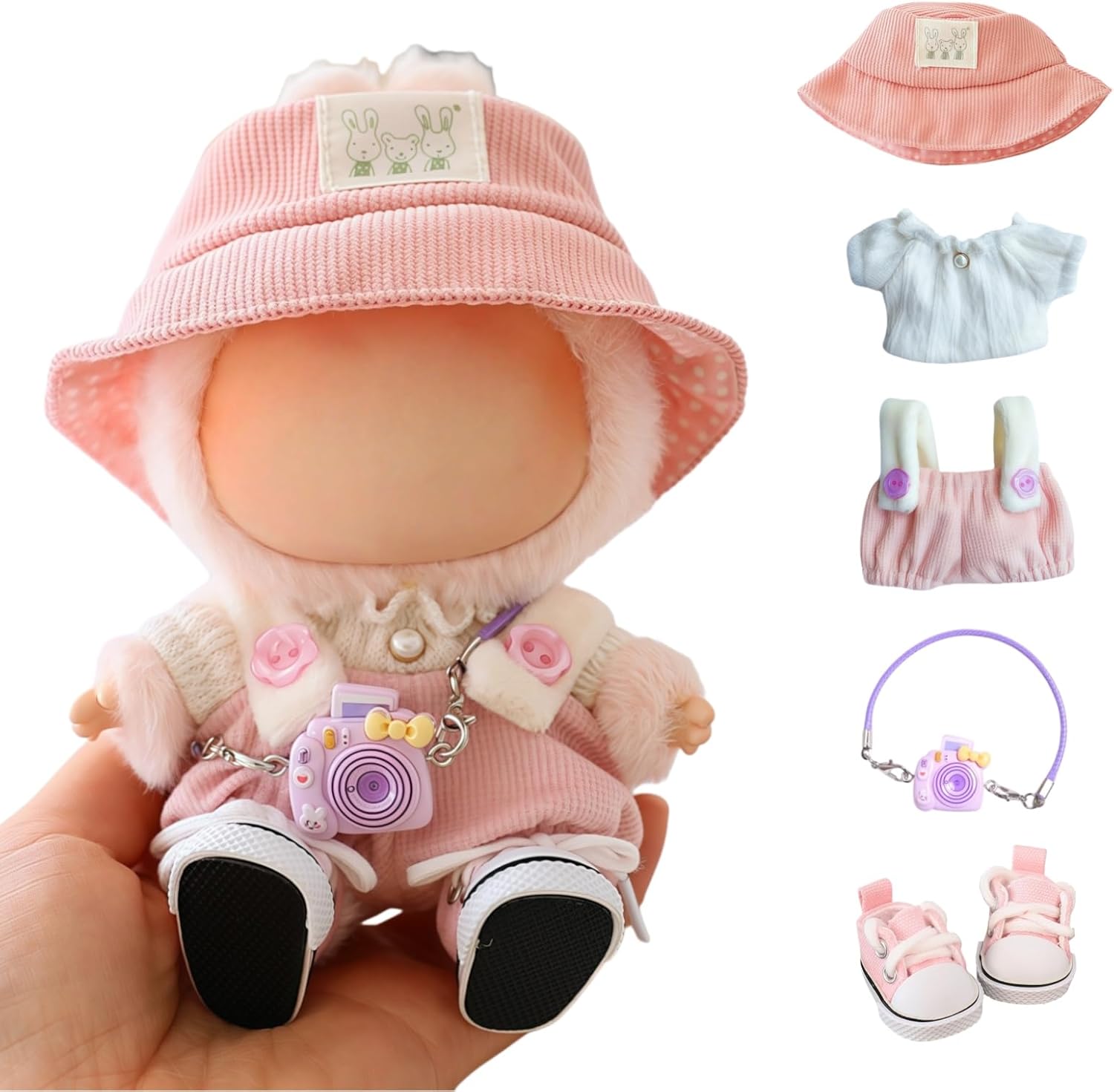 Clothes for Labubu 17cm Dolls Accessories(No Doll), Cute Outfit Set 5 Pieces Bib Pants for 17cm Doll Suit, Stylish Dress Up Overalls Doll Clothing Set Replacement with Hat Clothes Shoes Pink