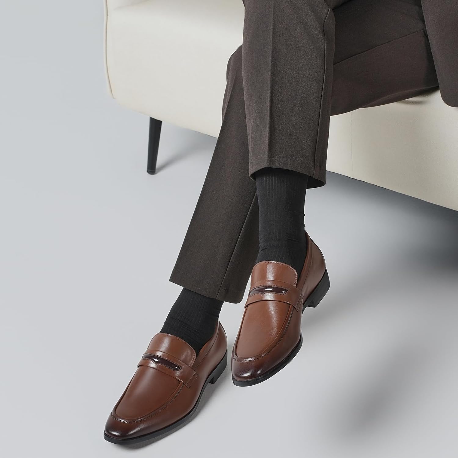 Men’s Leather Penny Loafers Classic Slip On Dress Shoes with Block Heel, Breathable Lining & Durable Rubber Sole - Image 5