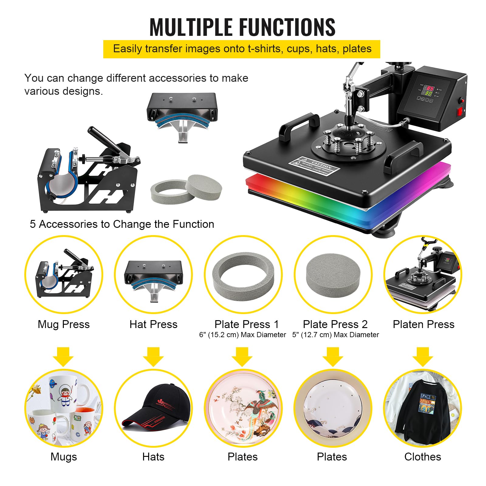 VEVOR Presse de la Chaleur 5 en 1 38 x 38 cm Machine de Presse à Chaud Heat Press Machine Swing Design Sublimation Thermique pour Plaque Mug Tasse Chapeau T-Shirt