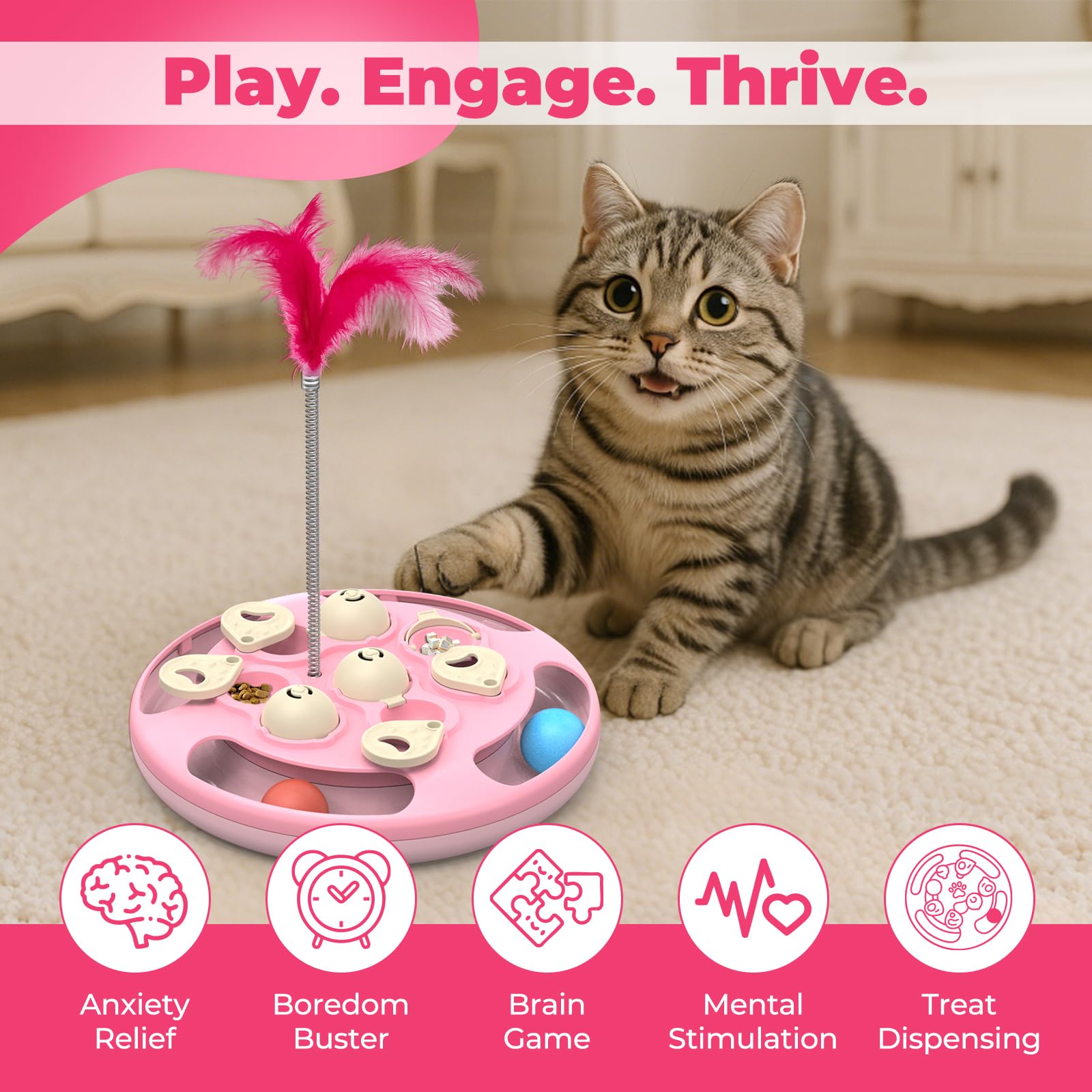 Juguetes y juegos de rompecabezas para gatos, nivel 3 en 1 con bolas de seguimiento, juguete de plumas y alimentador de golosinas, base antideslizante, par de enriquecimiento de estimulación